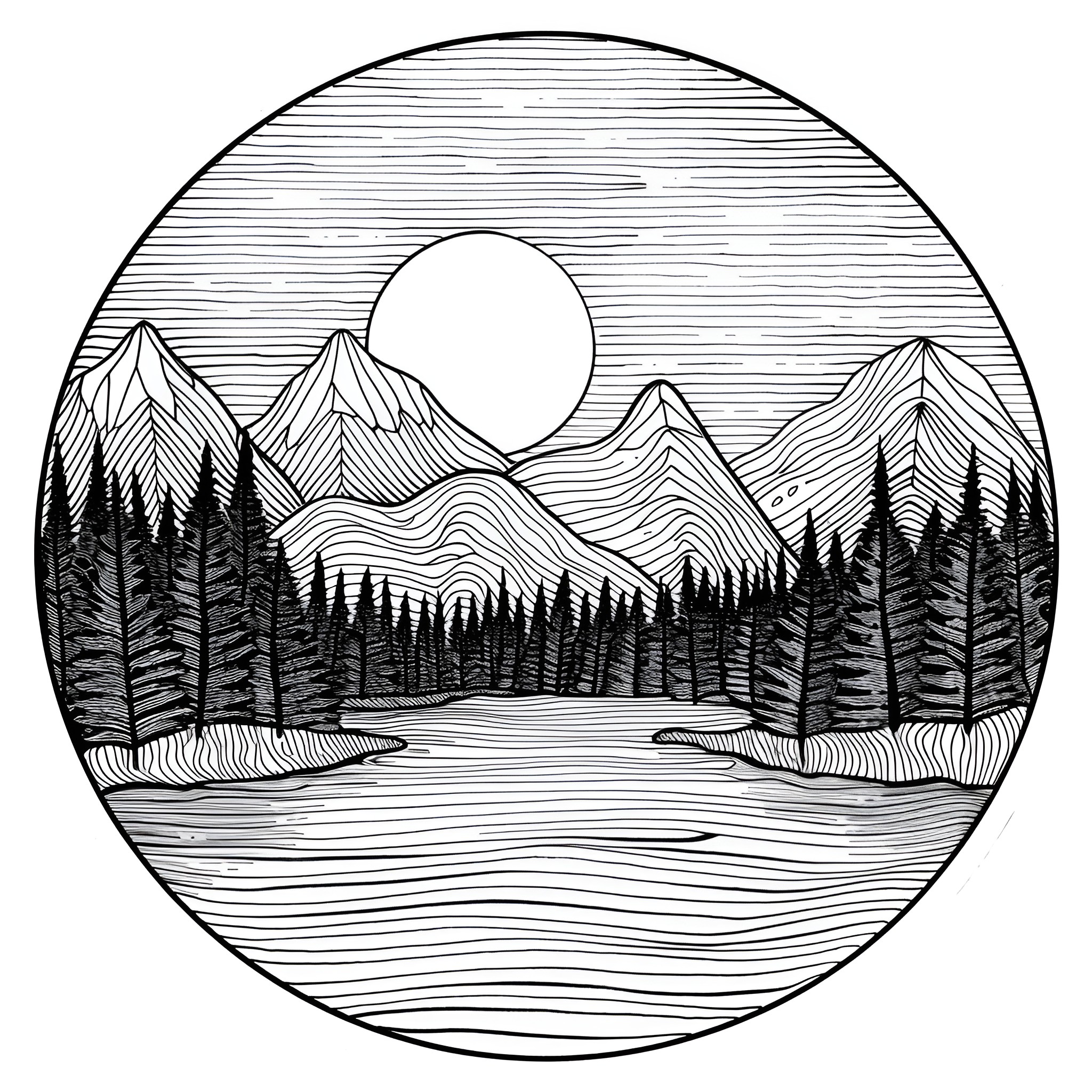 Mandala of tranquil mountain scenery Drawing Idea (free black-and-white line drawing printable PDF for all, from beginners to advanced learners, including children, teens, adults, and seniors)