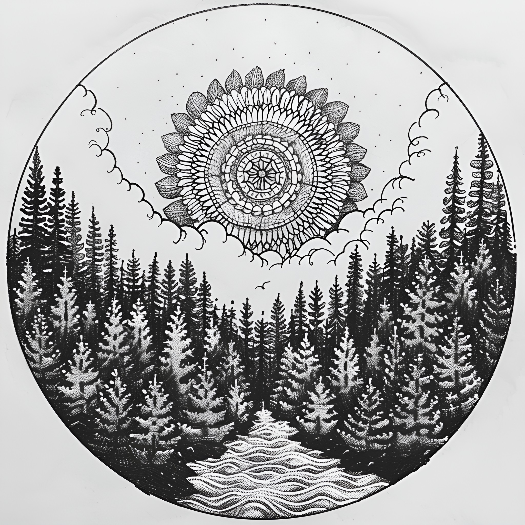 Mandala of nature's harmonious embrace Drawing Idea (free black-and-white line drawing printable PDF for all, from beginners to advanced learners, including children, teens, adults, and seniors)