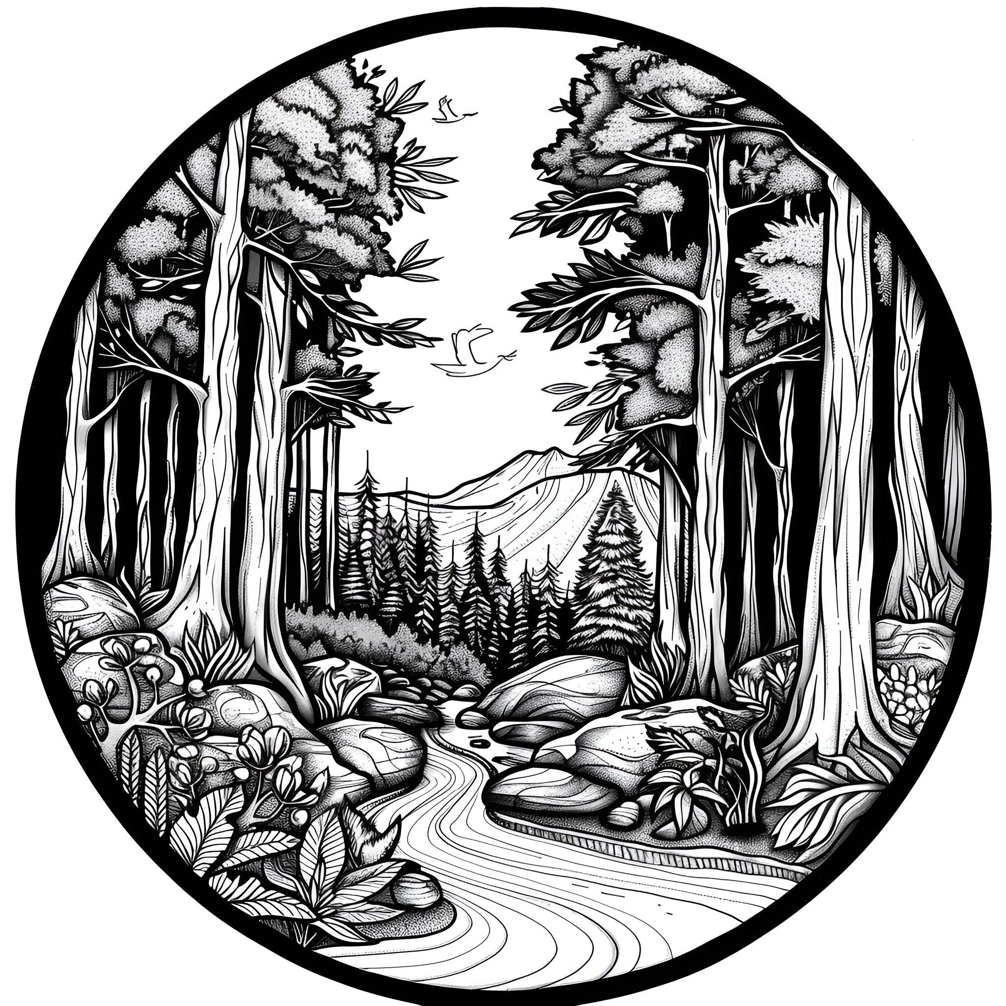 Mandala of Serene Forest Landscape Drawing Idea (free black-and-white line drawing printable PDF for all, from beginners to advanced learners, including children, teens, adults, and seniors)