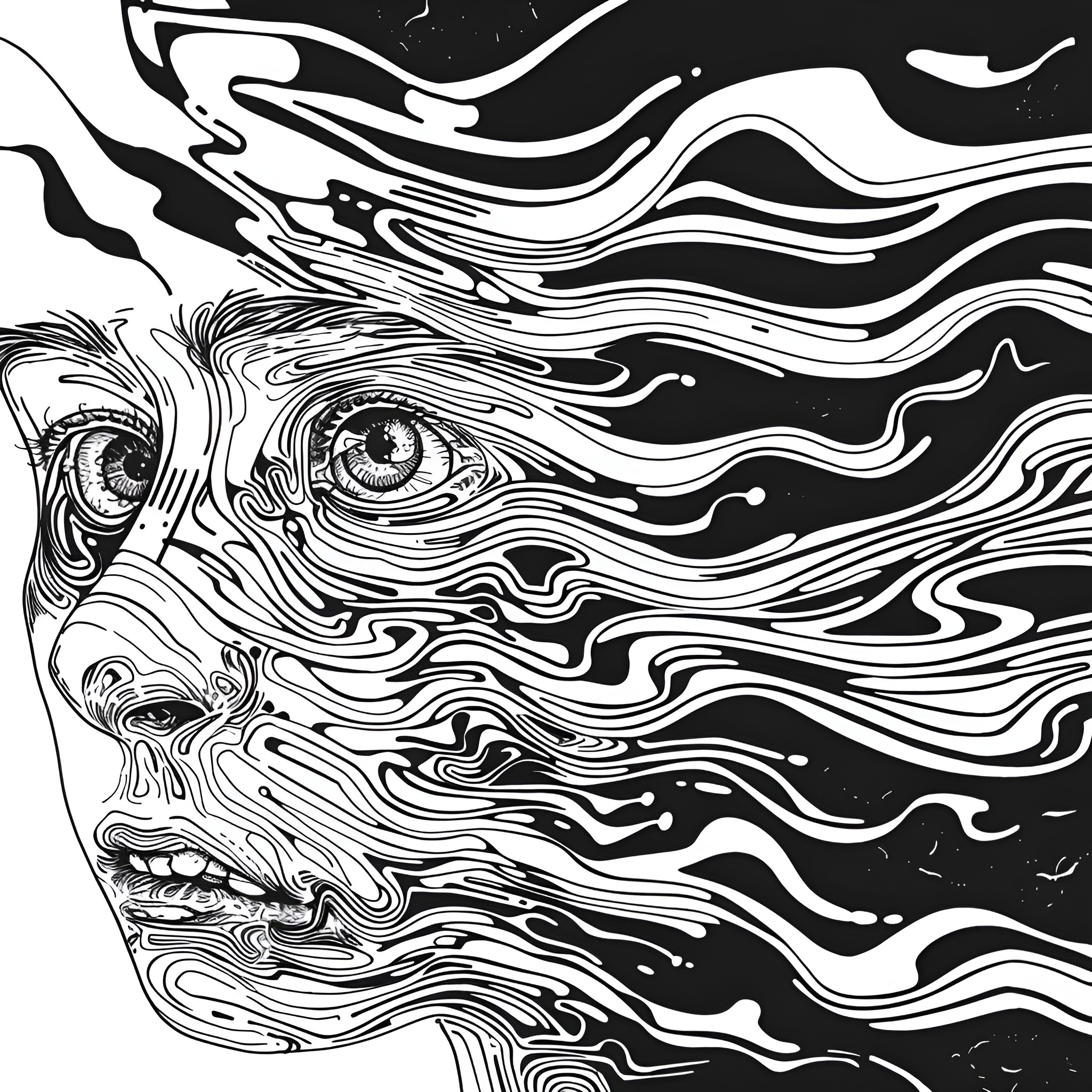 Weird surreal face with psychedelic features Drawing Idea (free black-and-white line drawing printable PDF for all, from beginners to advanced learners, including children, teens, adults, and seniors)