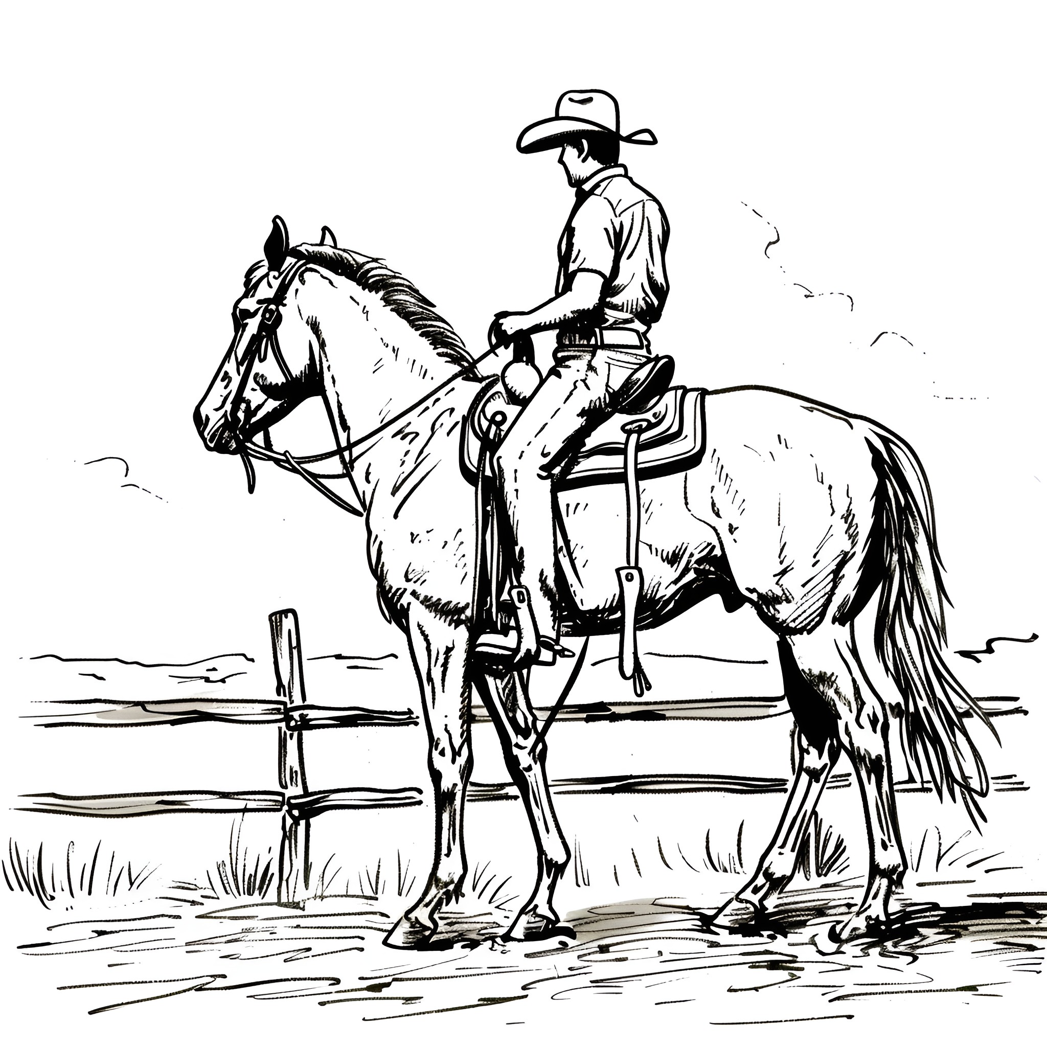 Western Cowboy on Horseback in Countryside Drawing Idea (free black-and-white line drawing printable PDF for all, from beginners to advanced learners, including children, teens, adults, and seniors)