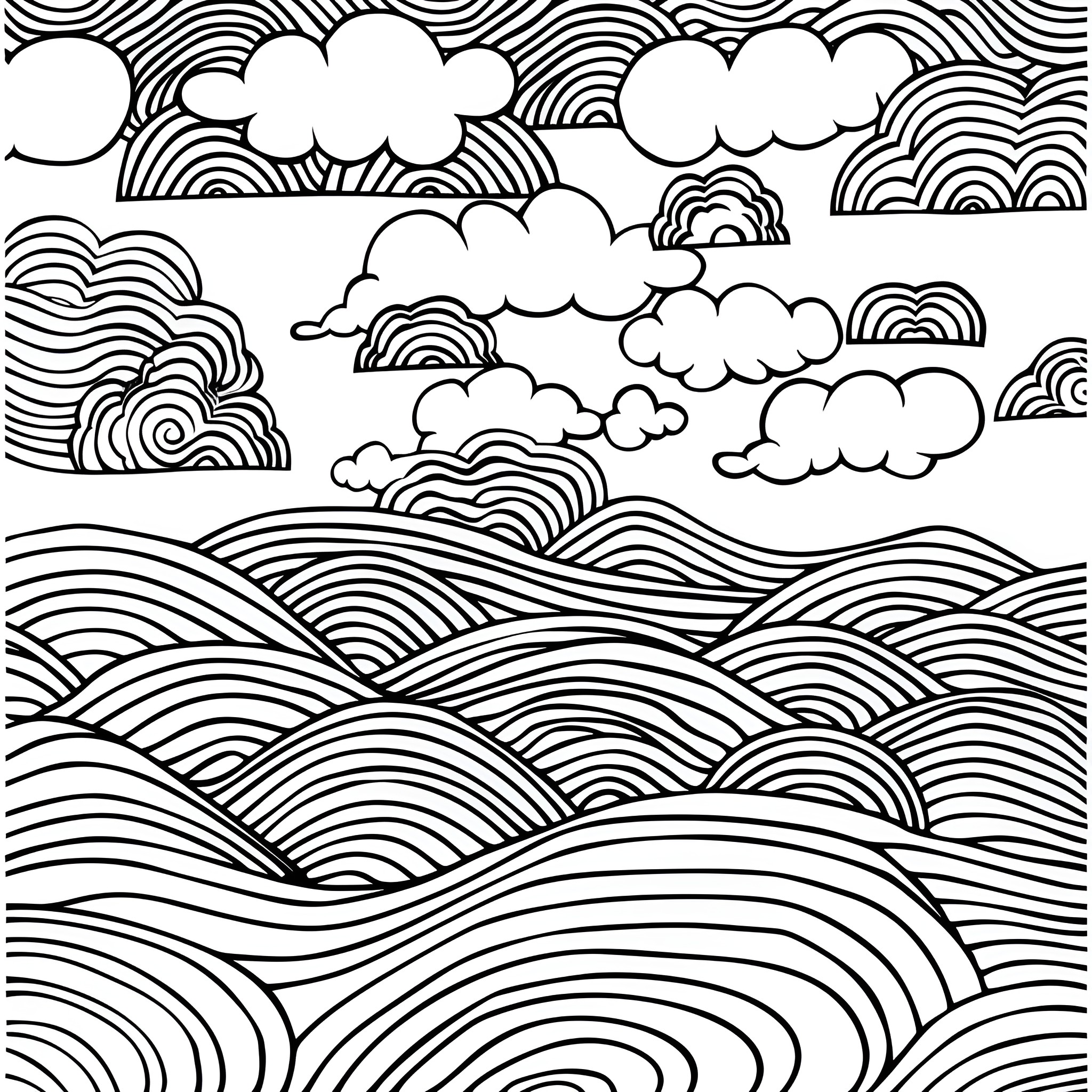 Mandala of Dreamy Clouds and Waves Drawing Idea (free black-and-white line drawing printable PDF for all, from beginners to advanced learners, including children, teens, adults, and seniors)