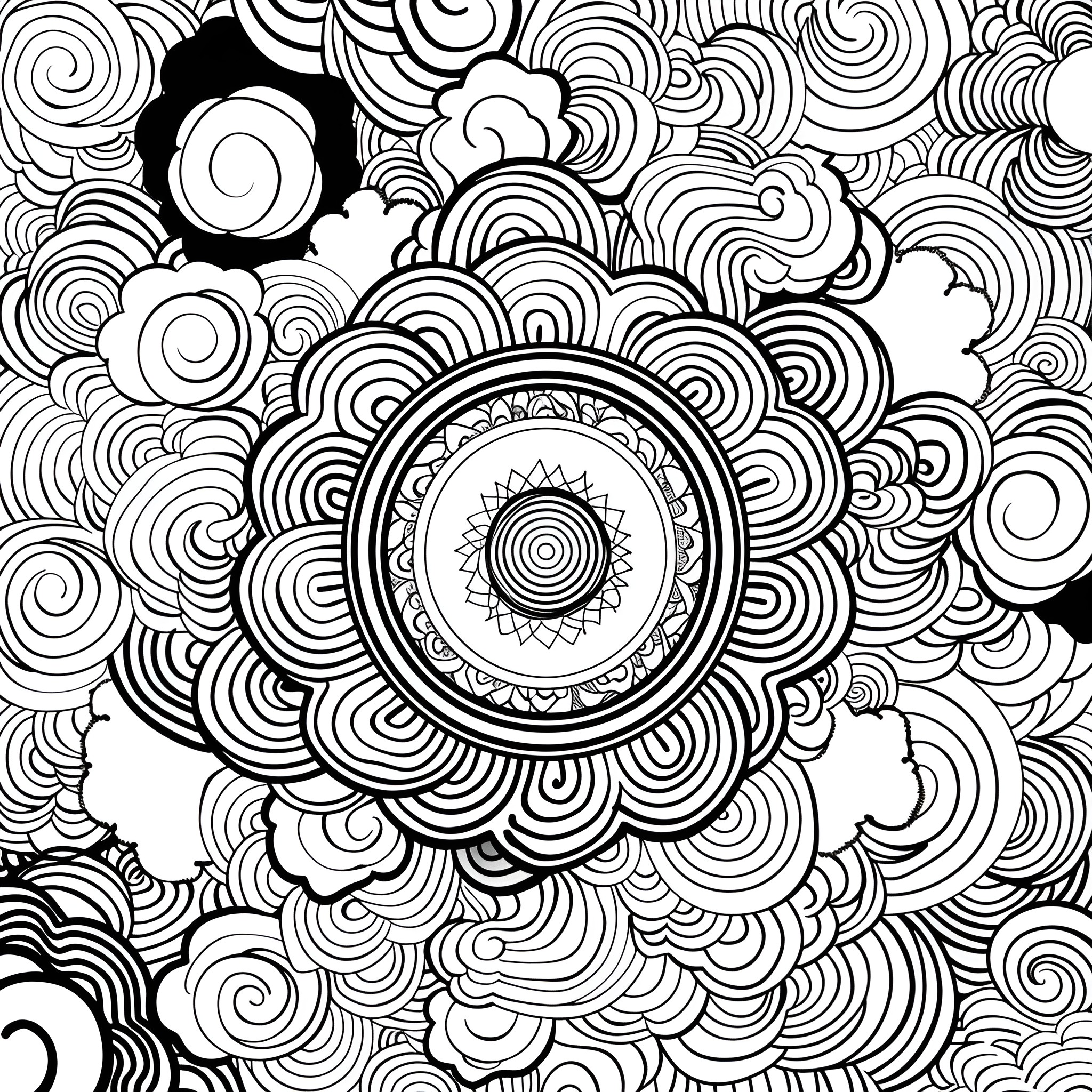 Mandala of Circular Patterns and Swirls Drawing Idea (free black-and-white line drawing printable PDF for all, from beginners to advanced learners, including children, teens, adults, and seniors)