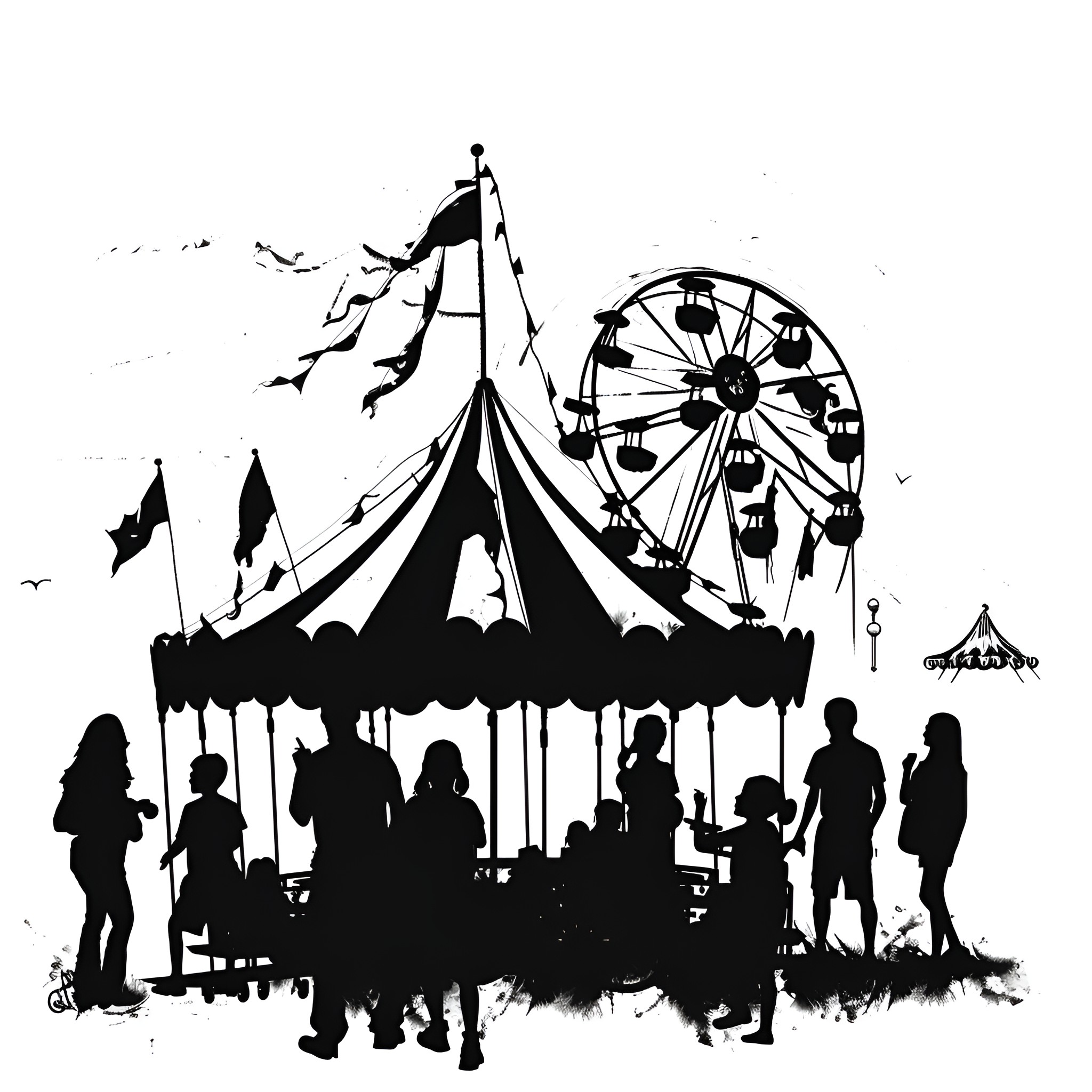 Weird Carnival Silhouettes and Ferris Wheel Drawing Idea (free black-and-white line drawing printable PDF for all, from beginners to advanced learners, including children, teens, adults, and seniors)