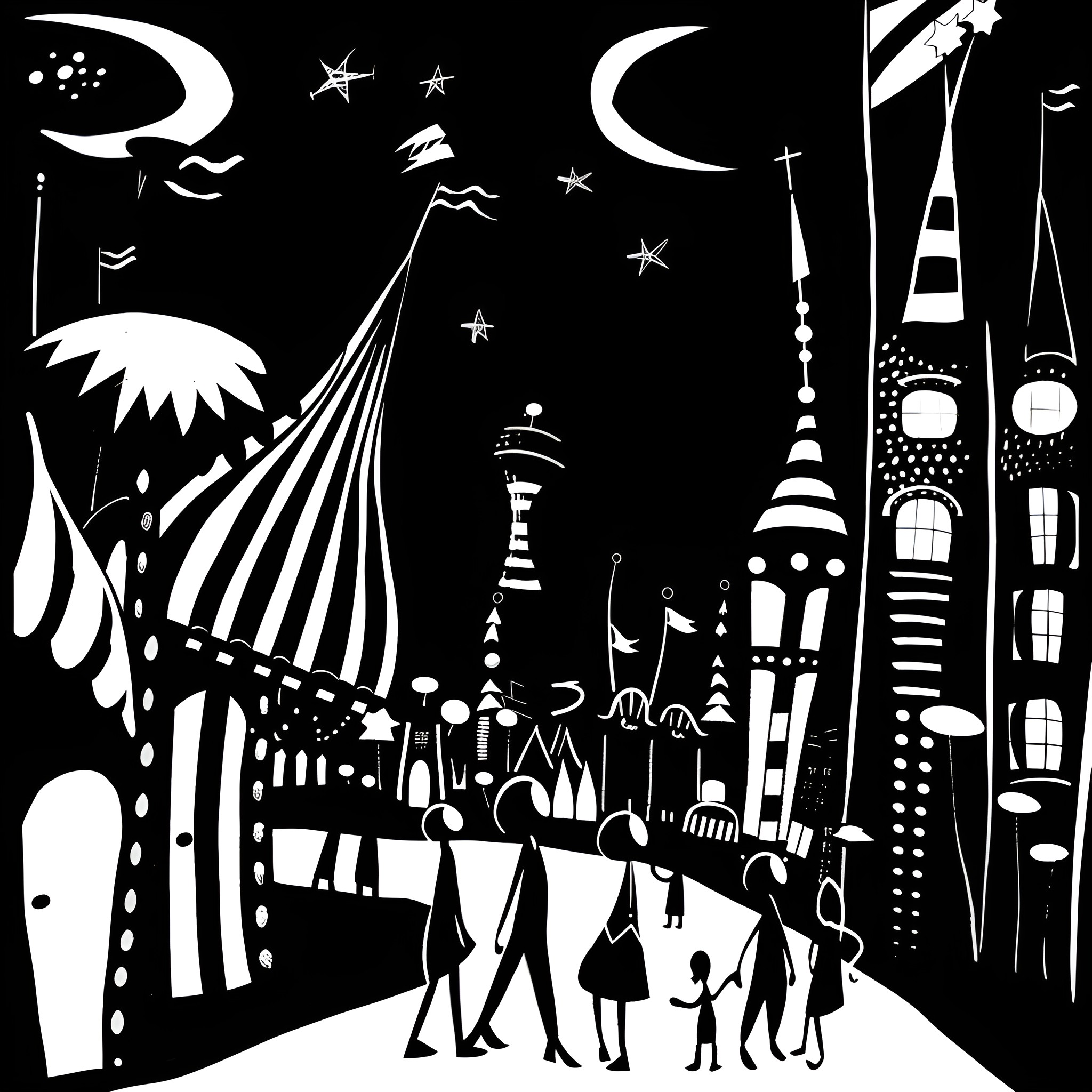 Weird night-time cityscape with fantastical elements Drawing Idea (free black-and-white line drawing printable PDF for all, from beginners to advanced learners, including children, teens, adults, and seniors)