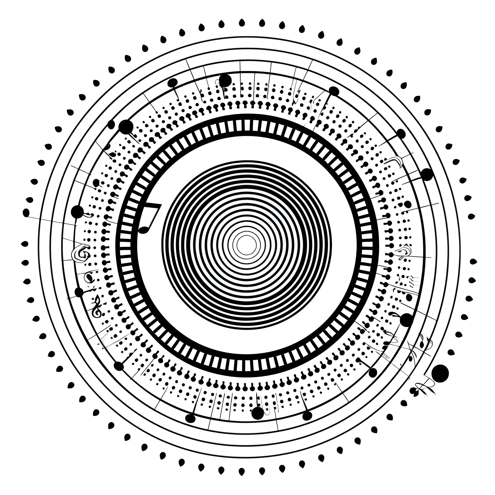 Mandala of concentric patterns and shapes Drawing Idea (free black-and-white line drawing printable PDF for all, from beginners to advanced learners, including children, teens, adults, and seniors)