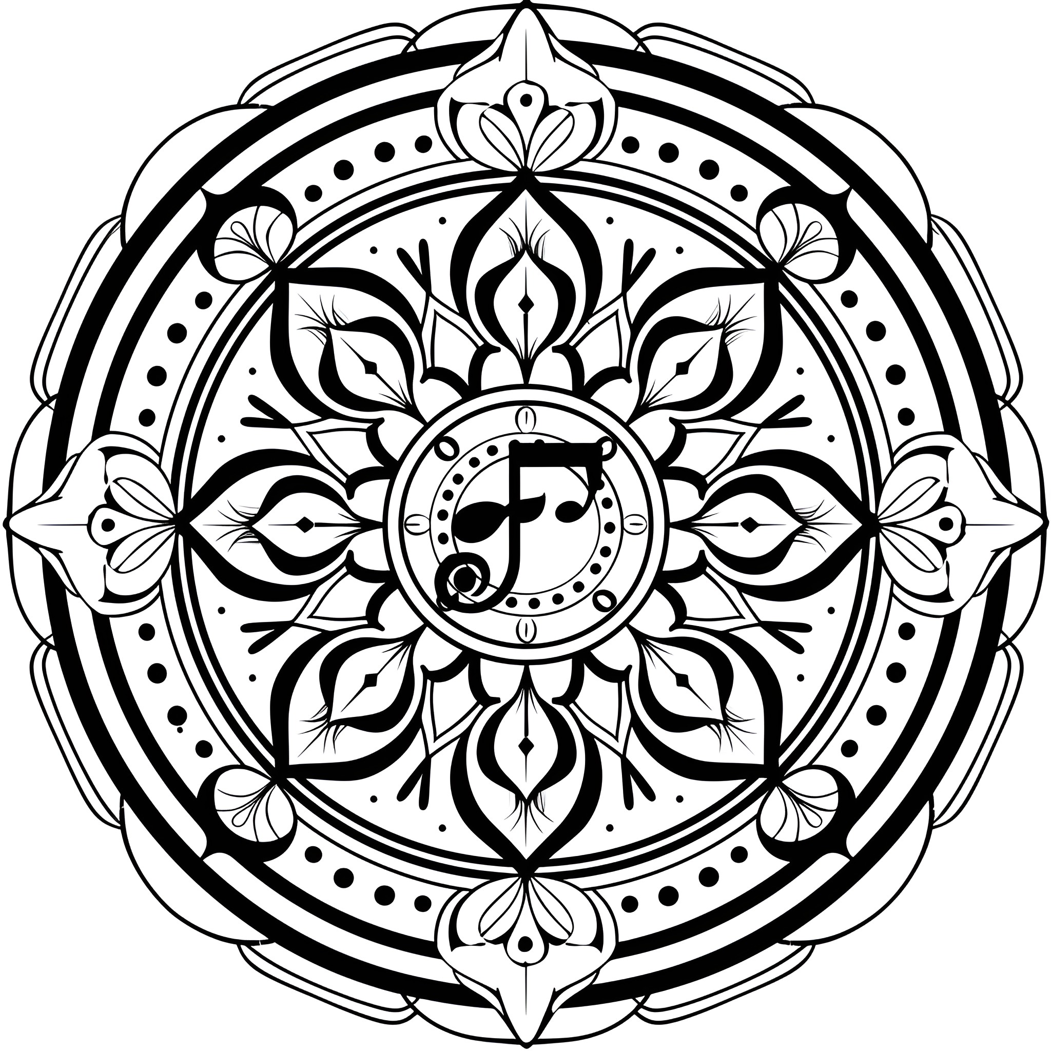 Mandala with musical notes and intricate floral patterns Drawing Idea (free black-and-white line drawing printable PDF for all, from beginners to advanced learners, including children, teens, adults, and seniors)