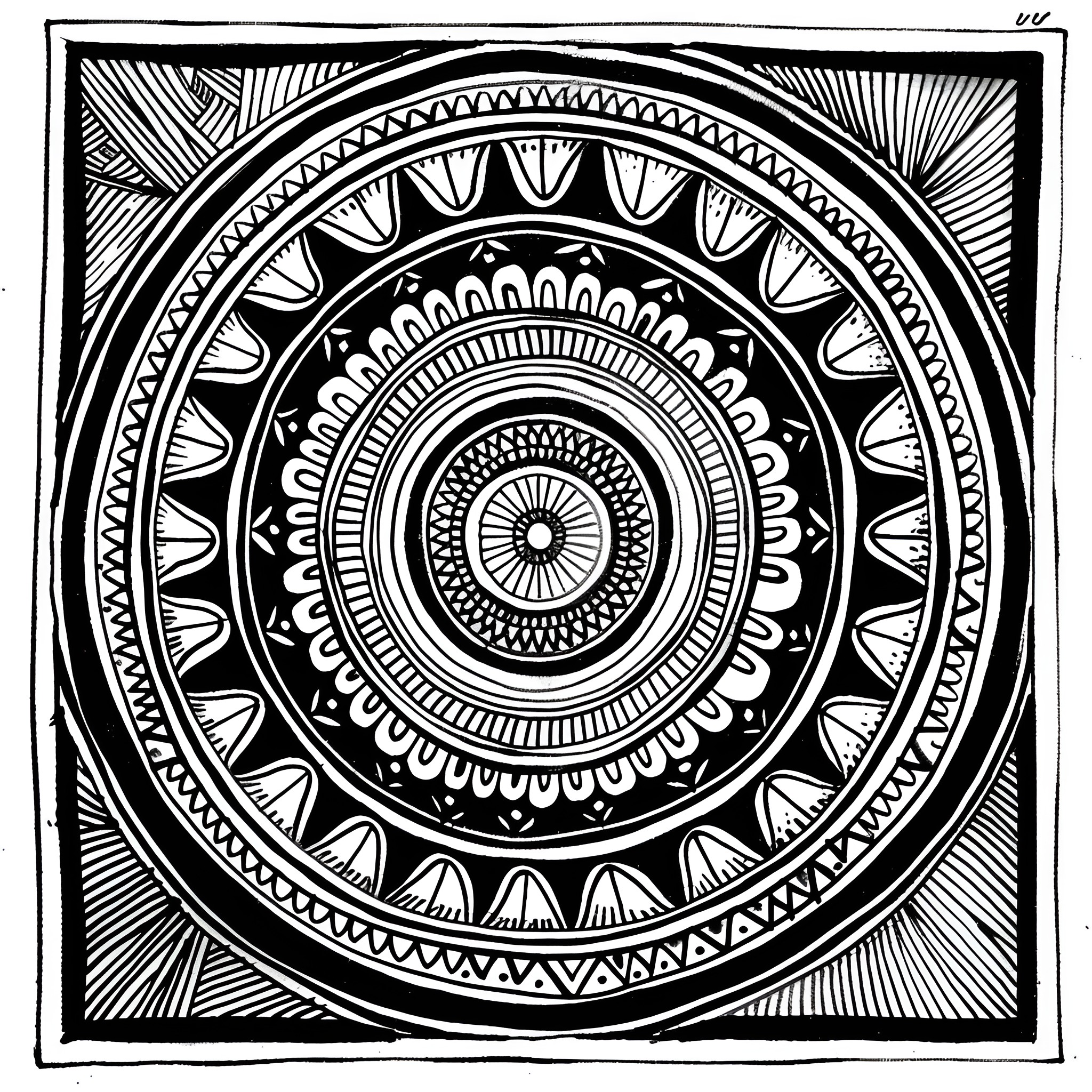 Mandala of intricate geometric patterns Drawing Idea (free black-and-white line drawing printable PDF for all, from beginners to advanced learners, including children, teens, adults, and seniors)