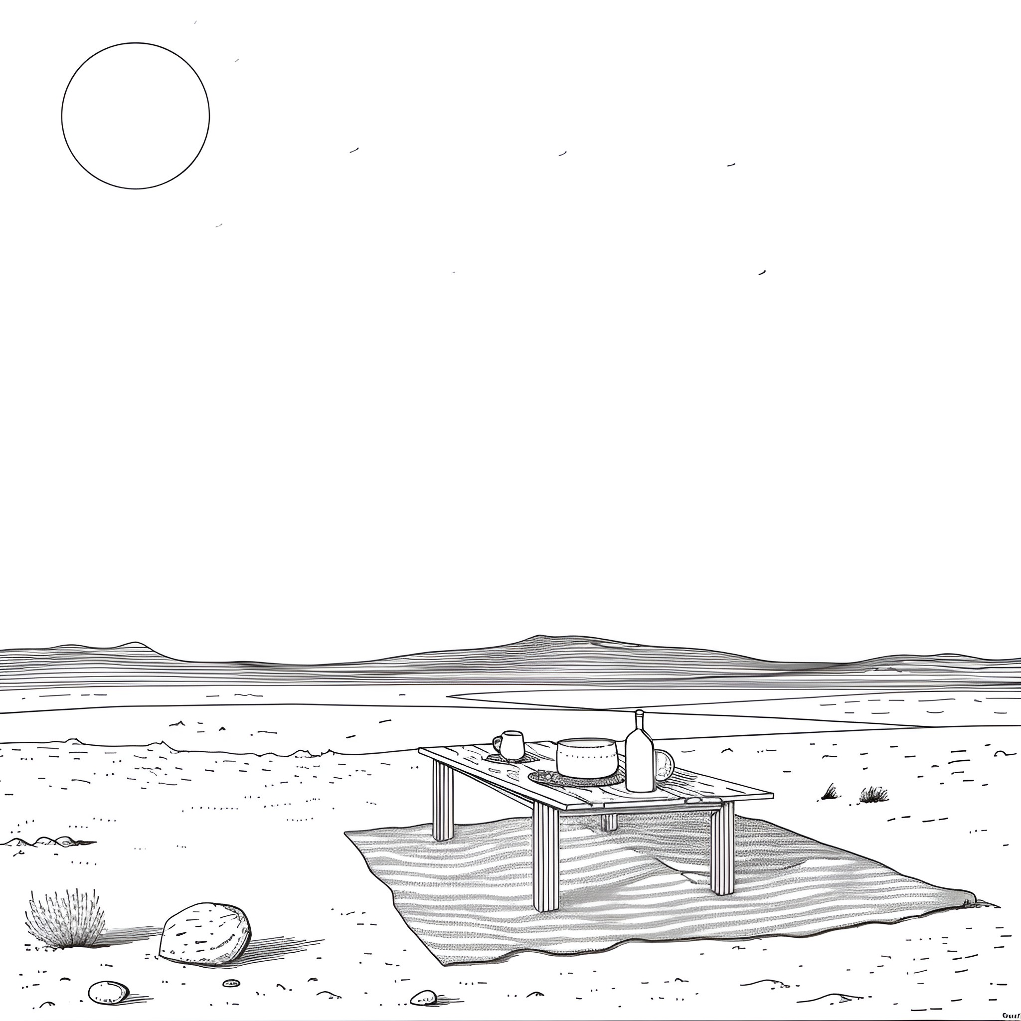Weird picnic in the desert Drawing Idea (free black-and-white line drawing printable PDF for all, from beginners to advanced learners, including children, teens, adults, and seniors)