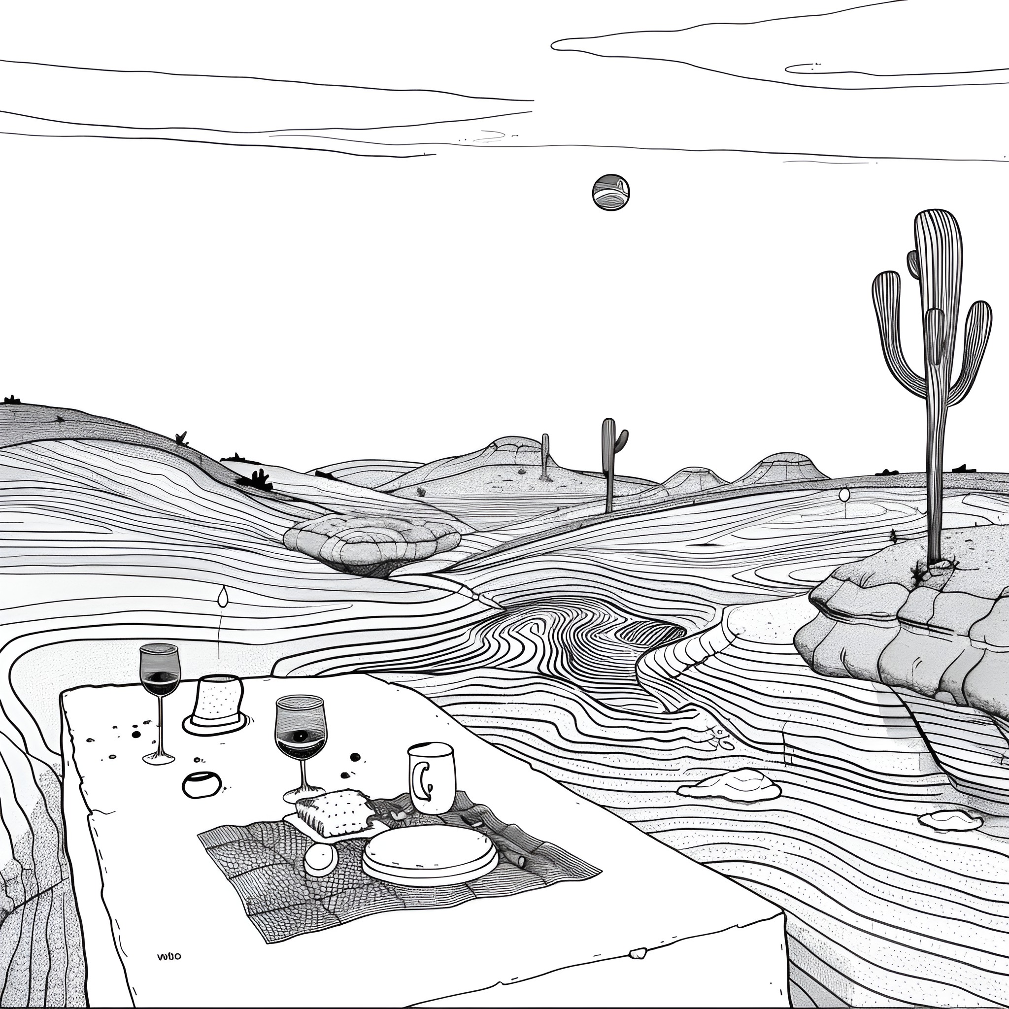 Weird Picnic in the Desert Drawing Idea (free black-and-white line drawing printable PDF for all, from beginners to advanced learners, including children, teens, adults, and seniors)