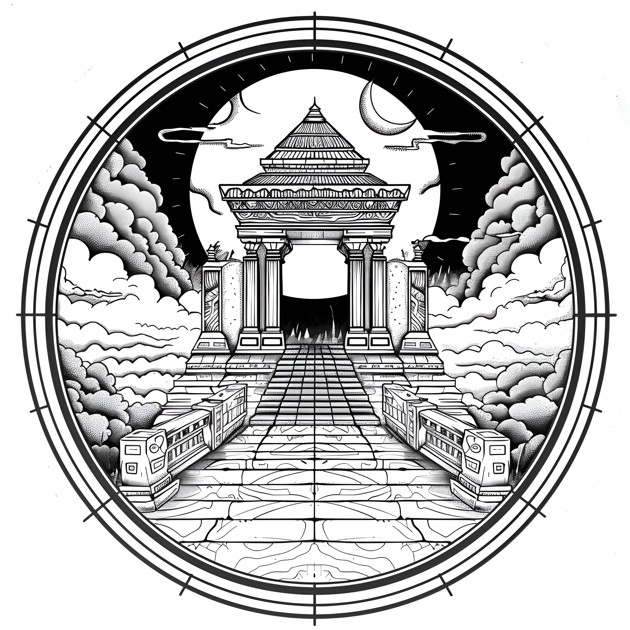 Mandala of Celestial Temple Sanctuary Drawing Idea (free black-and-white line drawing printable PDF for all, from beginners to advanced learners, including children, teens, adults, and seniors)