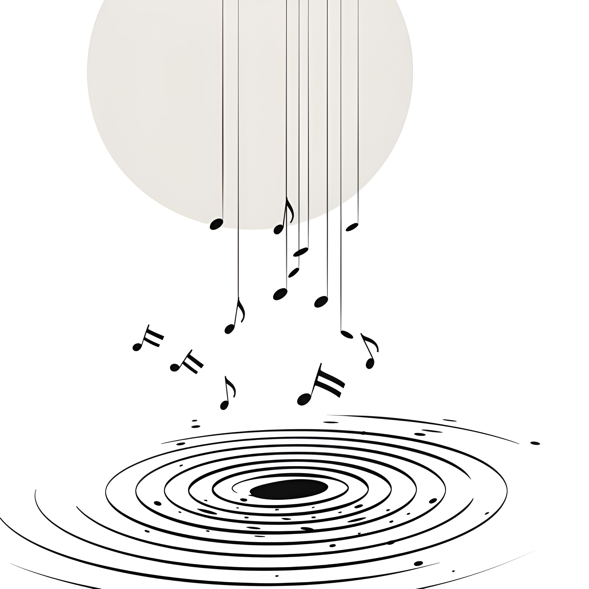 Weird music notes dripping into rippling pool Drawing Idea (free black-and-white line drawing printable PDF for all, from beginners to advanced learners, including children, teens, adults, and seniors)