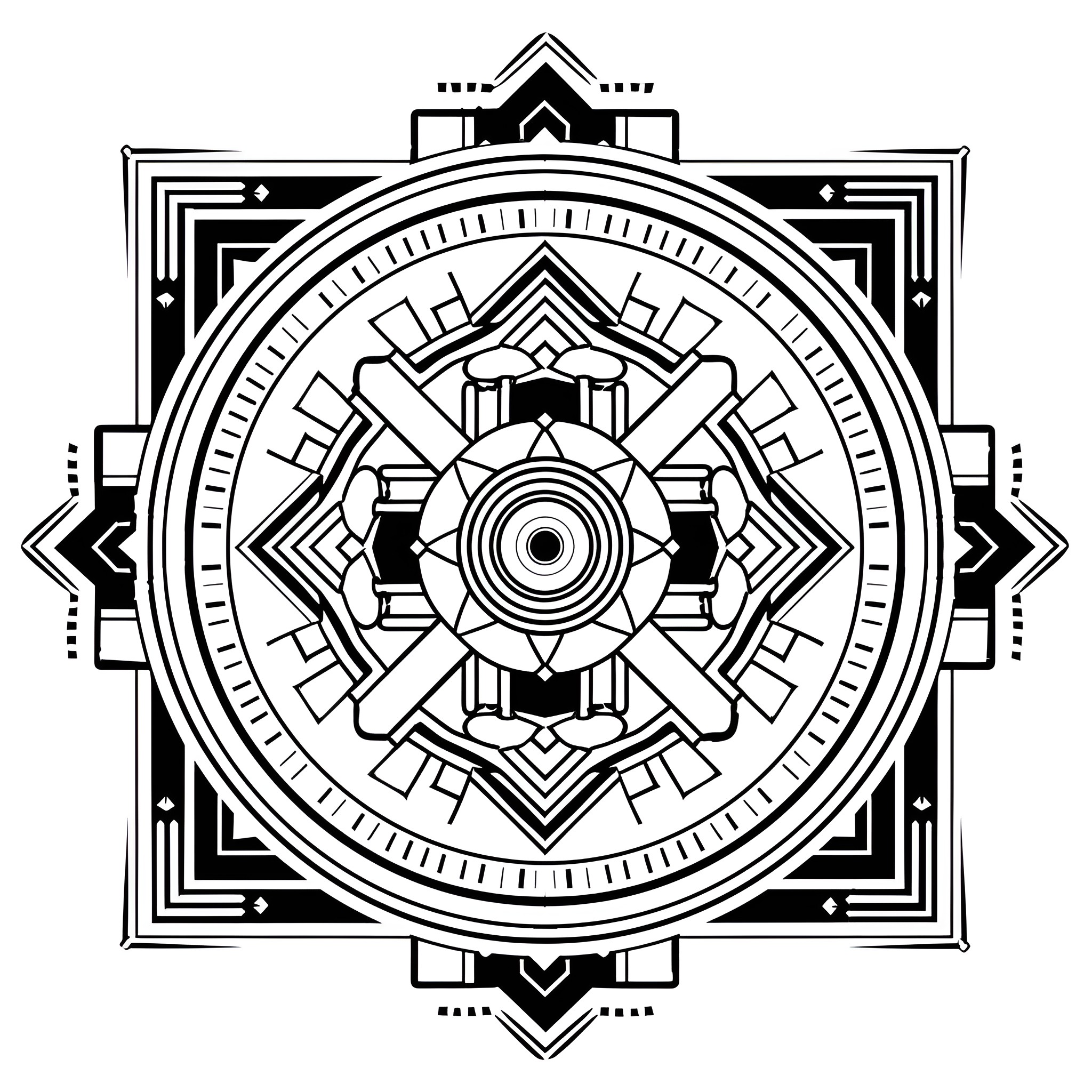 Mandala of intricate geometric design Drawing Idea (free black-and-white line drawing printable PDF for all, from beginners to advanced learners, including children, teens, adults, and seniors)