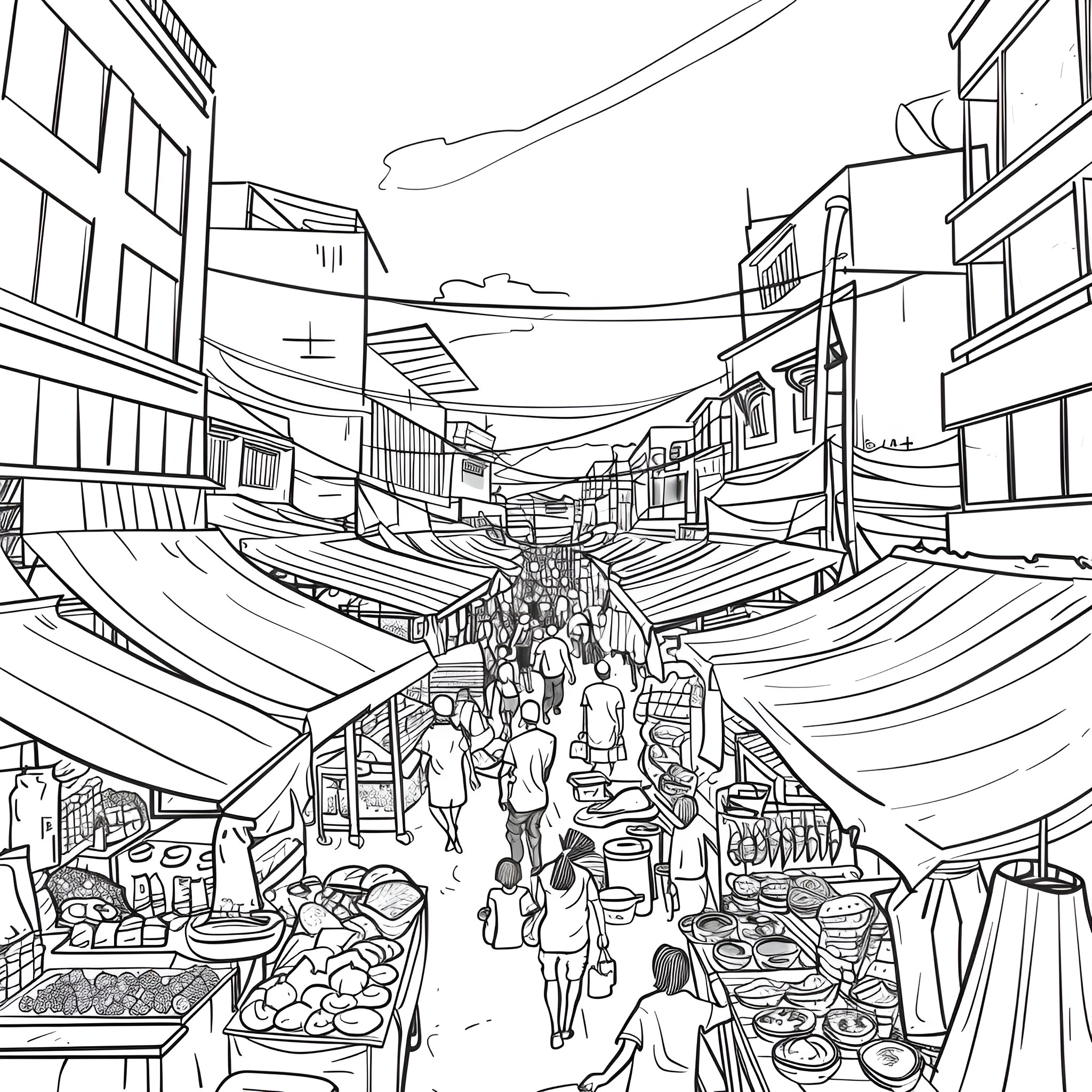 Western town market scene Drawing Idea (free black-and-white line drawing printable PDF for all, from beginners to advanced learners, including children, teens, adults, and seniors)
