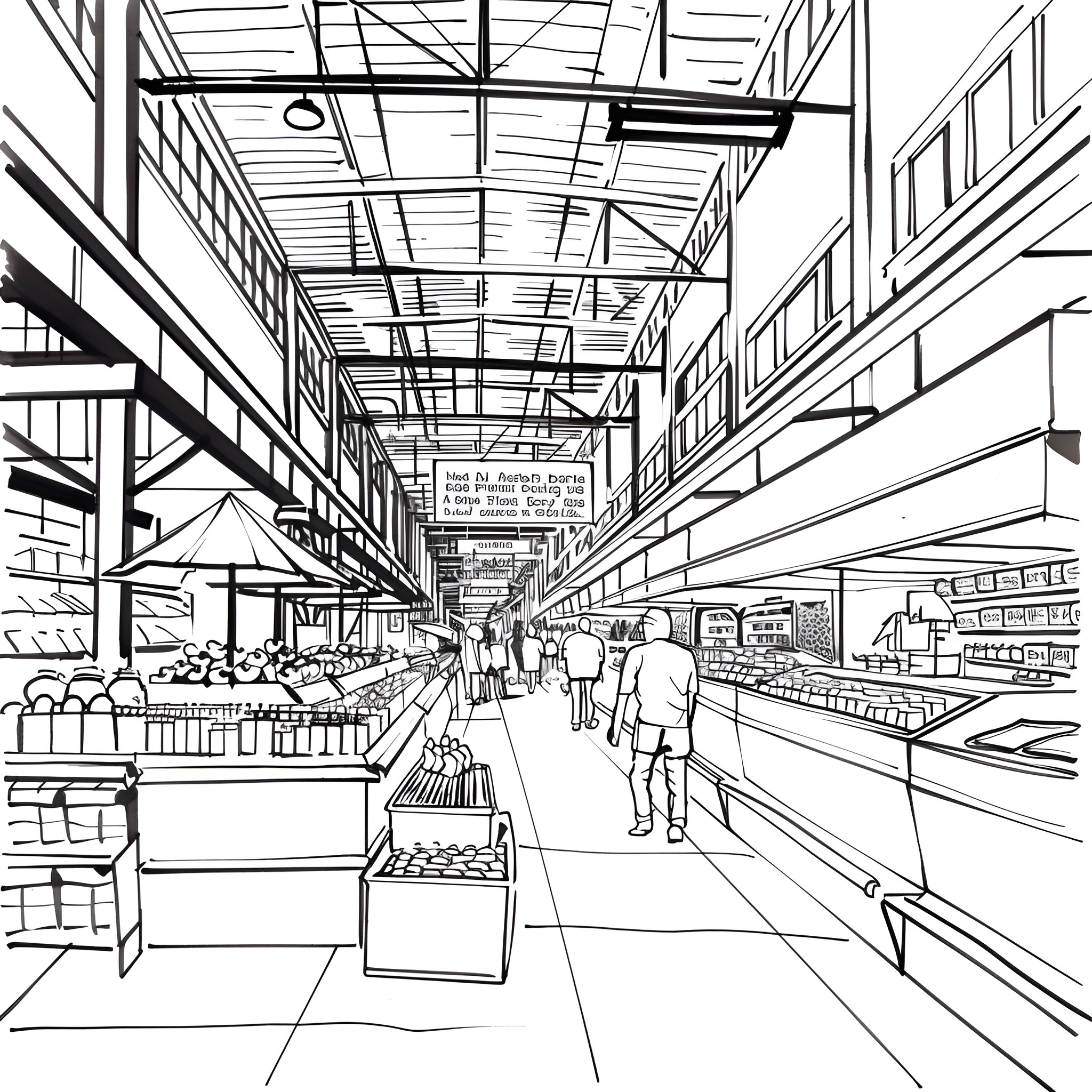 Western Grocery Store Interior Scene Drawing Idea (free black-and-white line drawing printable PDF for all, from beginners to advanced learners, including children, teens, adults, and seniors)