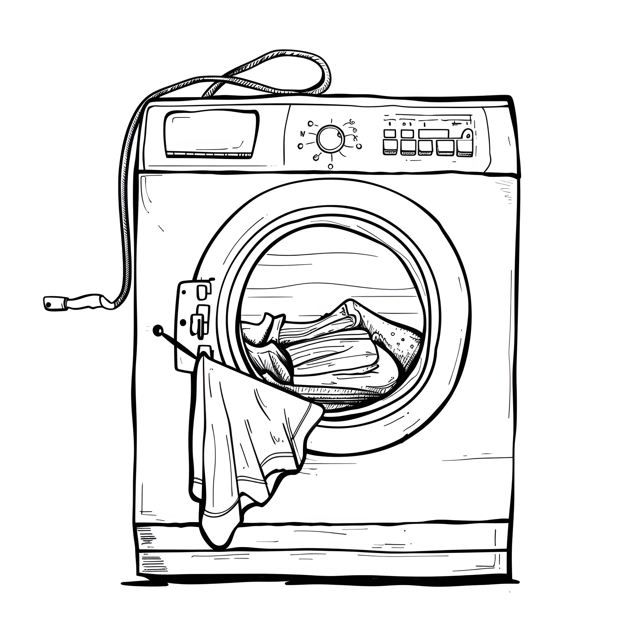 Clothes tumbling in washing machine Drawing Idea (free black-and-white line drawing printable PDF for all, from beginners to advanced learners, including children, teens, adults, and seniors)