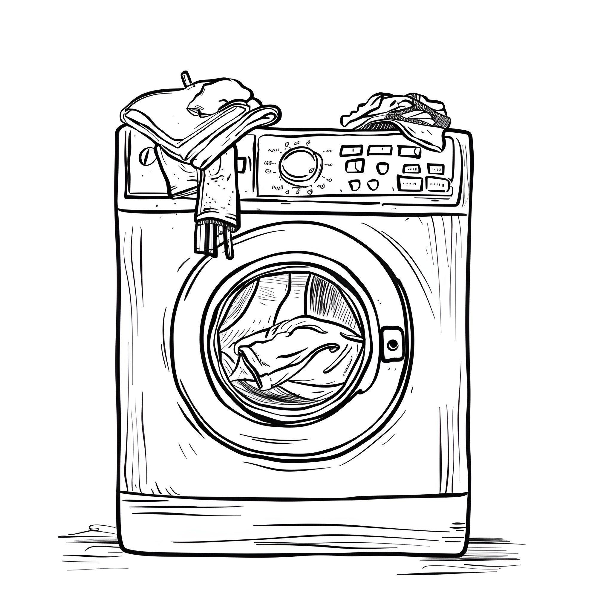 Clothes in the washing machine Drawing Idea (free black-and-white line drawing printable PDF for all, from beginners to advanced learners, including children, teens, adults, and seniors)
