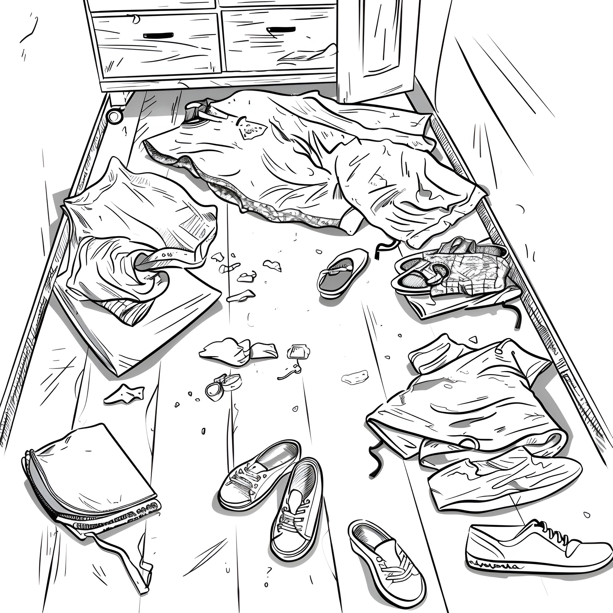Clothes scattered in messy room Drawing Idea (free black-and-white line drawing printable PDF for all, from beginners to advanced learners, including children, teens, adults, and seniors)