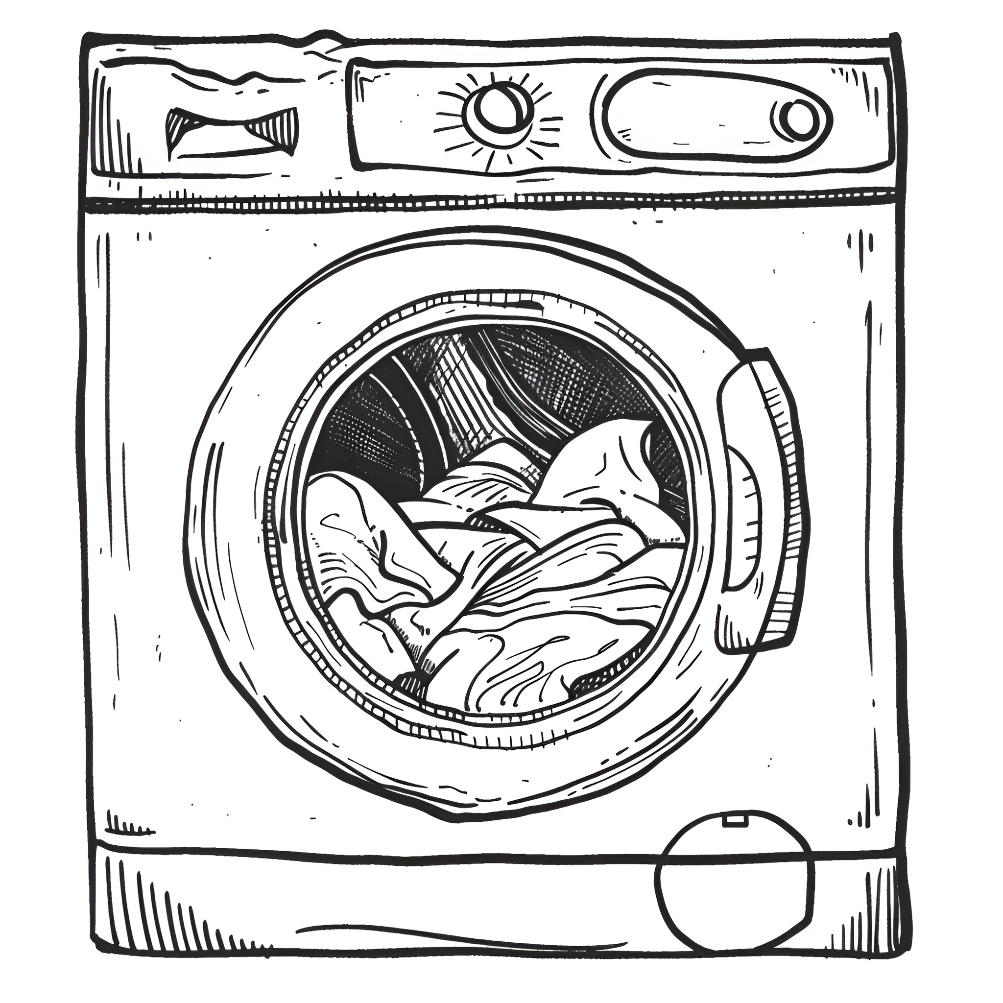 Clothes being washed in a machine Drawing Idea (free black-and-white line drawing printable PDF for all, from beginners to advanced learners, including children, teens, adults, and seniors)