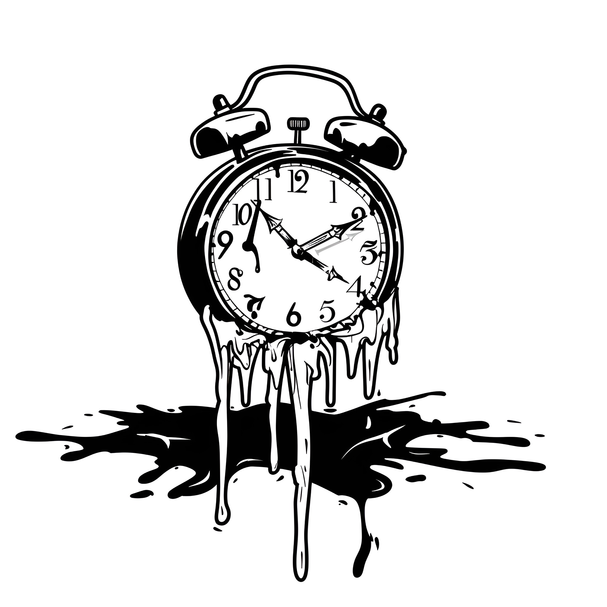 Dope melting alarm clock Drawing Idea (free black-and-white line drawing printable PDF for all, from beginners to advanced learners, including children, teens, adults, and seniors)