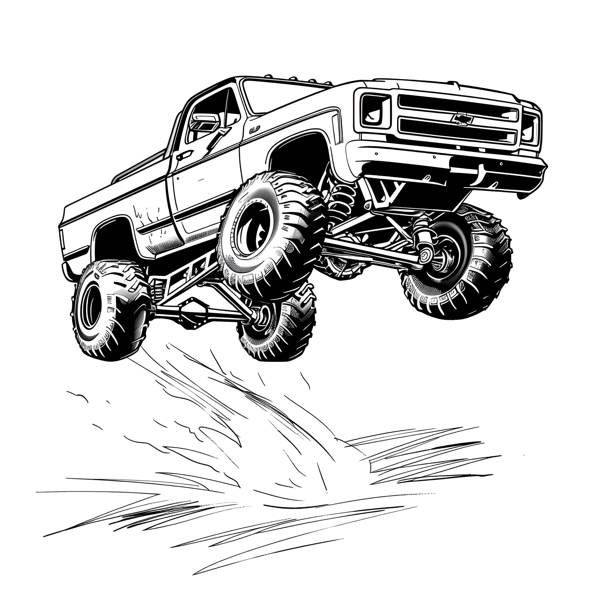 Dope Monster Truck Climbing Over Terrain Drawing Idea (free black-and-white line drawing printable PDF for all, from beginners to advanced learners, including children, teens, adults, and seniors)
