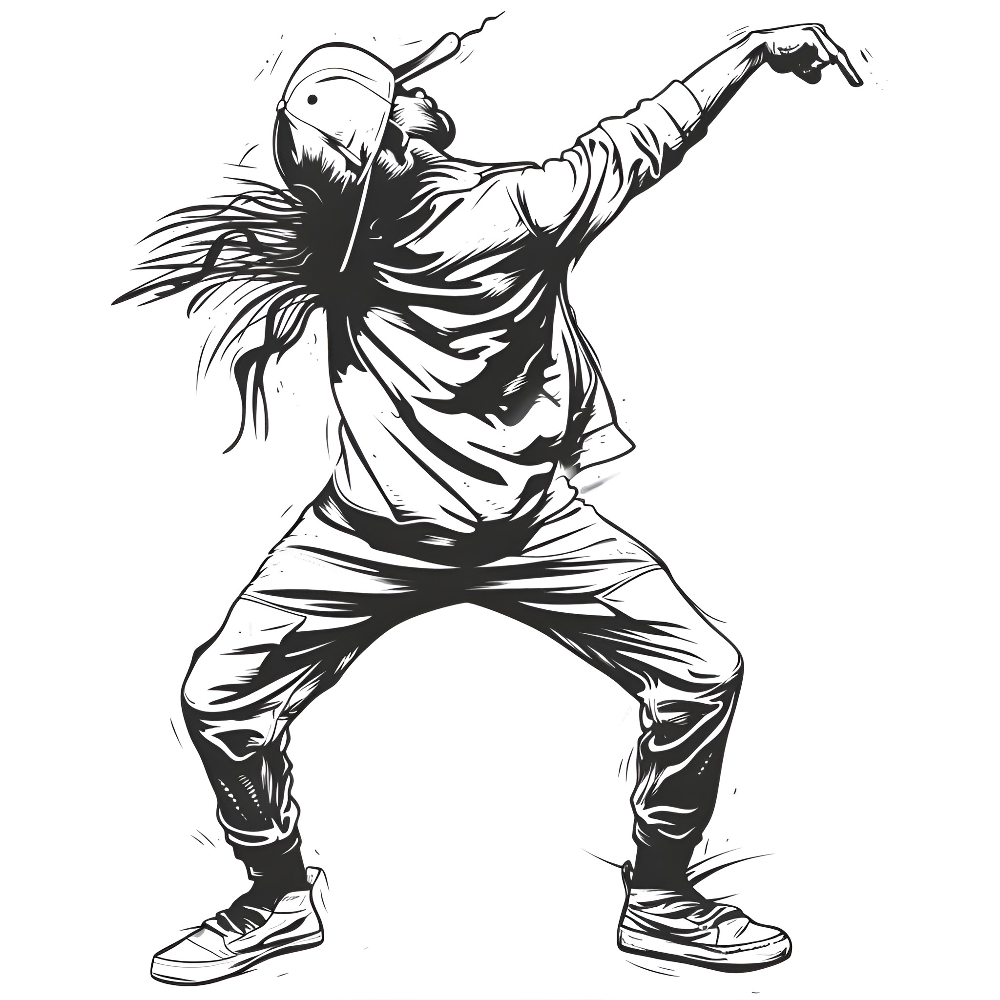 Dope hip-hop dancer in dynamic pose Drawing Idea (free black-and-white line drawing printable PDF for all, from beginners to advanced learners, including children, teens, adults, and seniors)