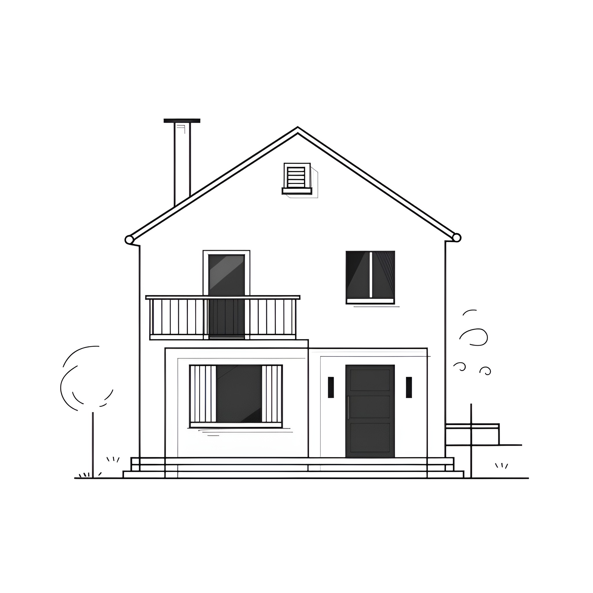House with porch and stairs Drawing Idea (free black-and-white line drawing printable PDF for all, from beginners to advanced learners, including children, teens, adults, and seniors)