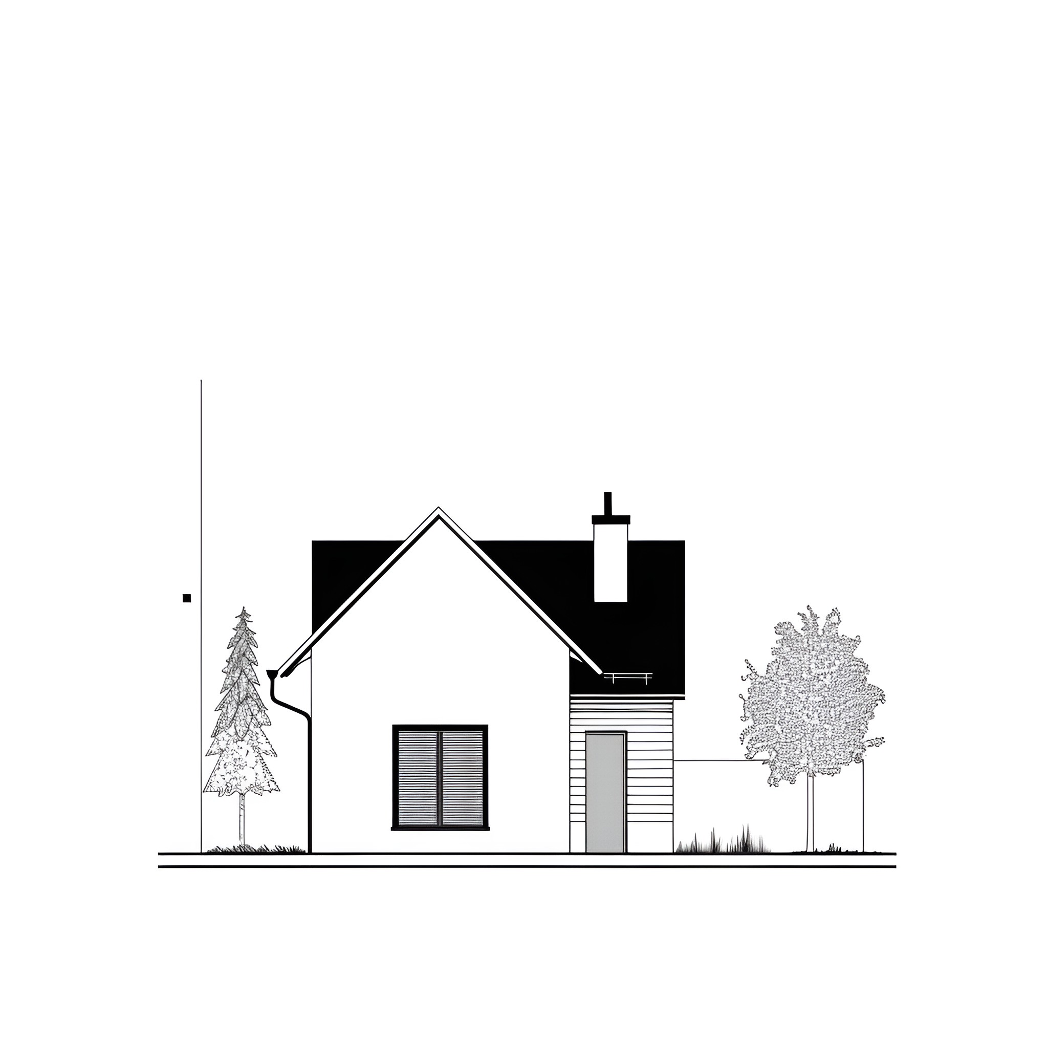 House with Chimney and Trees Drawing Idea (free black-and-white line drawing printable PDF for all, from beginners to advanced learners, including children, teens, adults, and seniors)