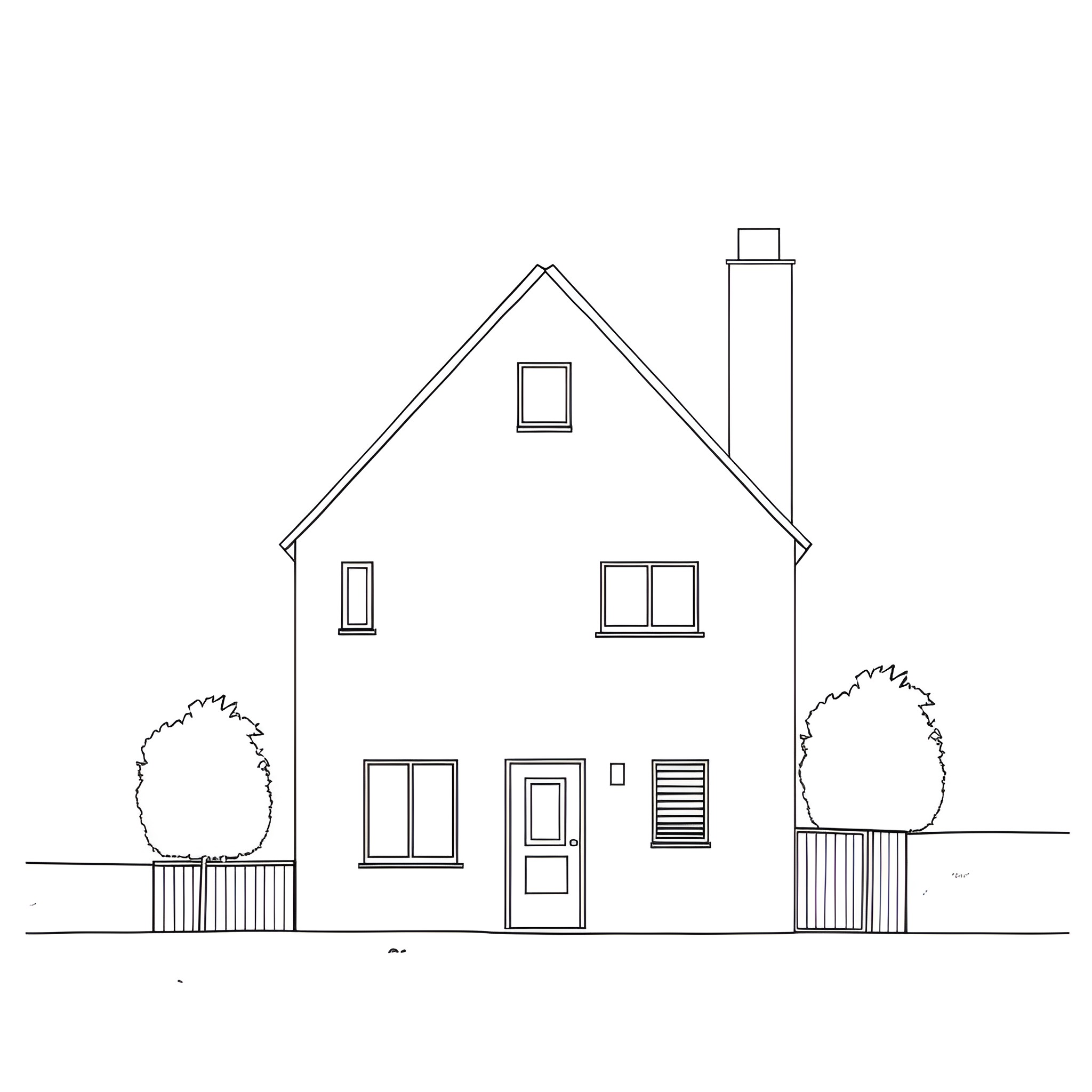 House with Gabled Roof and Tall Chimney Drawing Idea (free black-and-white line drawing printable PDF for all, from beginners to advanced learners, including children, teens, adults, and seniors)