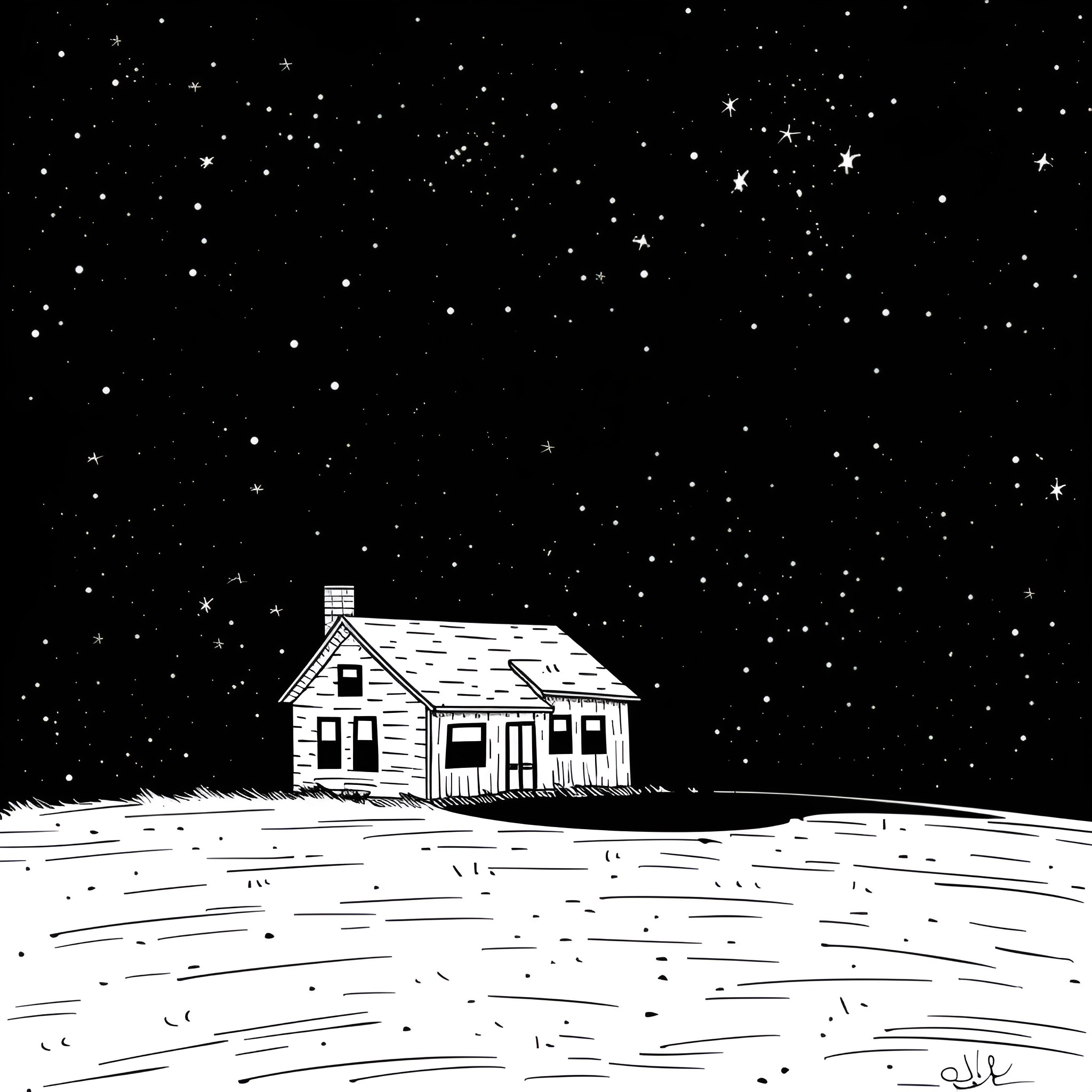 House under starry night sky Drawing Idea (free black-and-white line drawing printable PDF for all, from beginners to advanced learners, including children, teens, adults, and seniors)