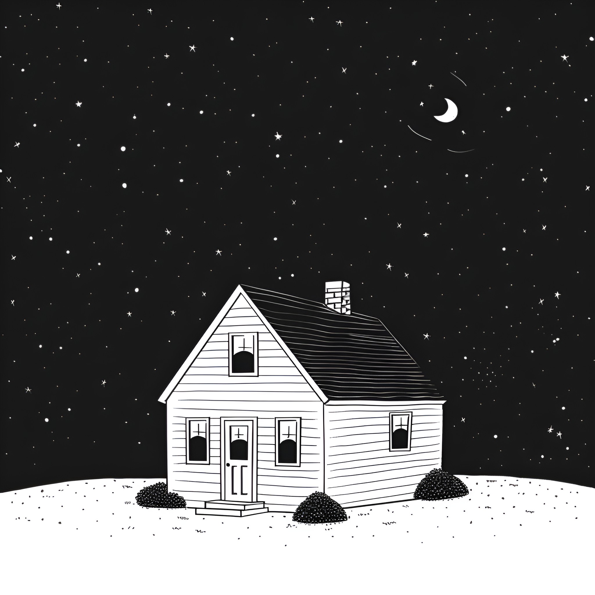 House on a starry night Drawing Idea (free black-and-white line drawing printable PDF for all, from beginners to advanced learners, including children, teens, adults, and seniors)