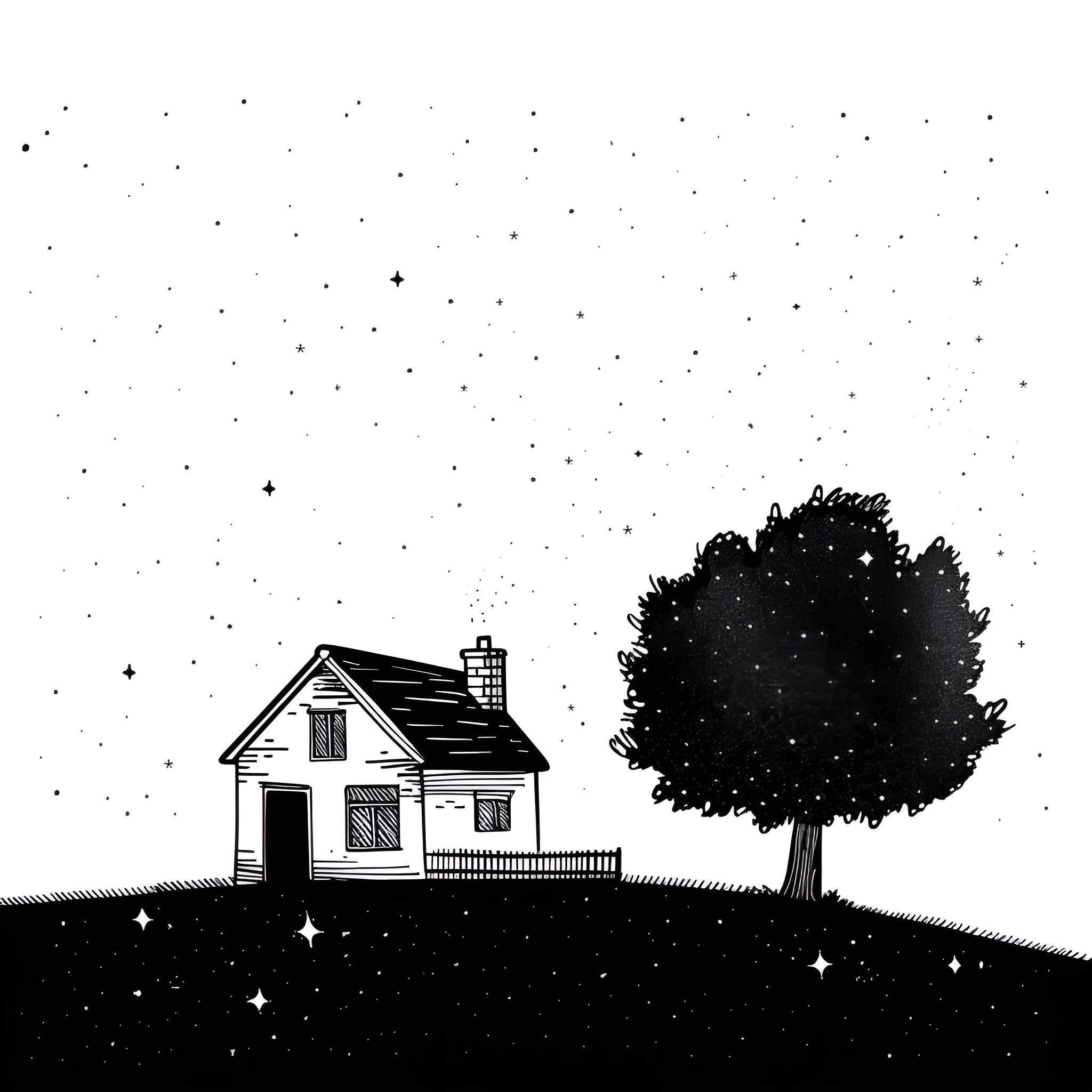 House on starry night landscape Drawing Idea (free black-and-white line drawing printable PDF for all, from beginners to advanced learners, including children, teens, adults, and seniors)