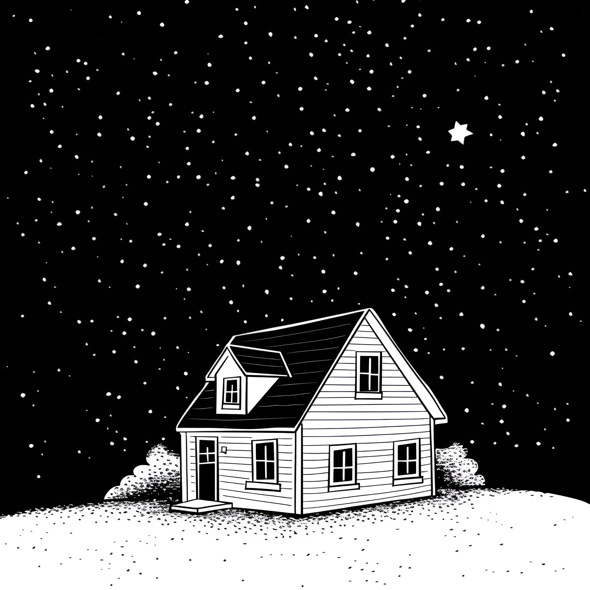 House under a starry night sky Drawing Idea (free black-and-white line drawing printable PDF for all, from beginners to advanced learners, including children, teens, adults, and seniors)