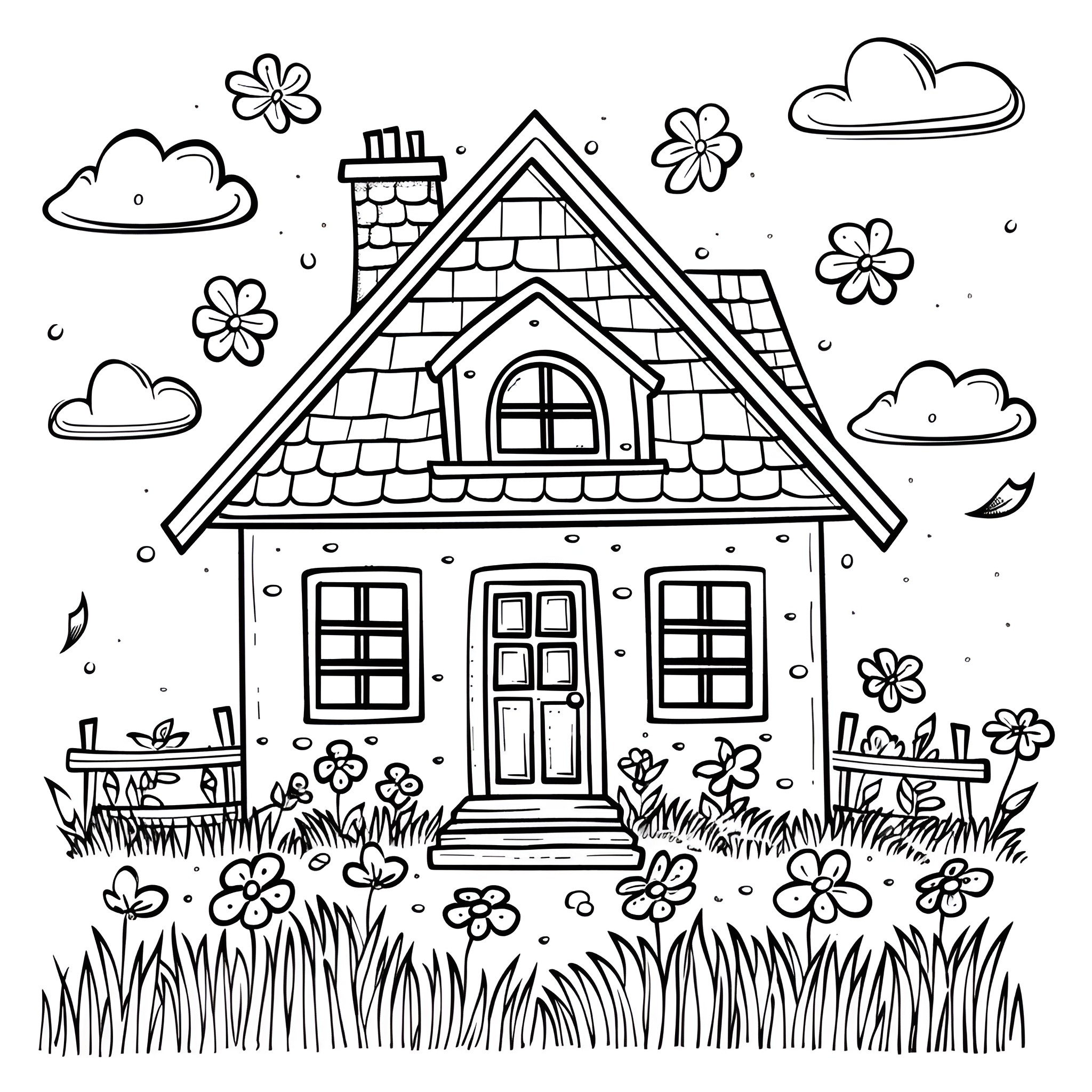 House with flowers and clouds Drawing Idea (free black-and-white line drawing printable PDF for all, from beginners to advanced learners, including children, teens, adults, and seniors)