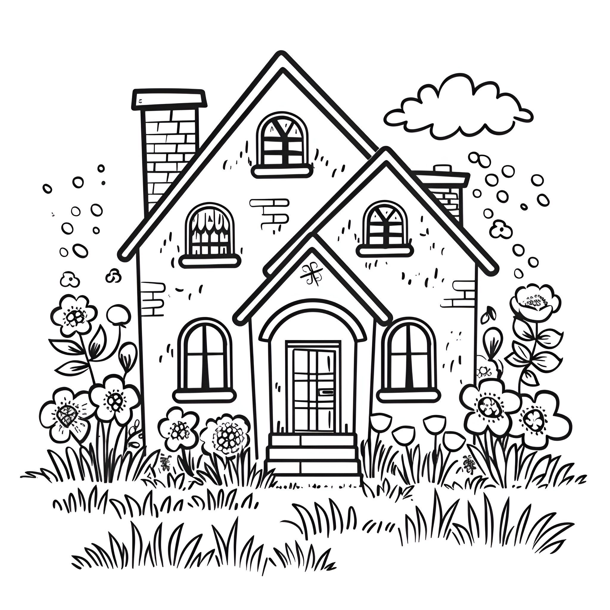House with Whimsical Floral Garden Drawing Idea (free black-and-white line drawing printable PDF for all, from beginners to advanced learners, including children, teens, adults, and seniors)