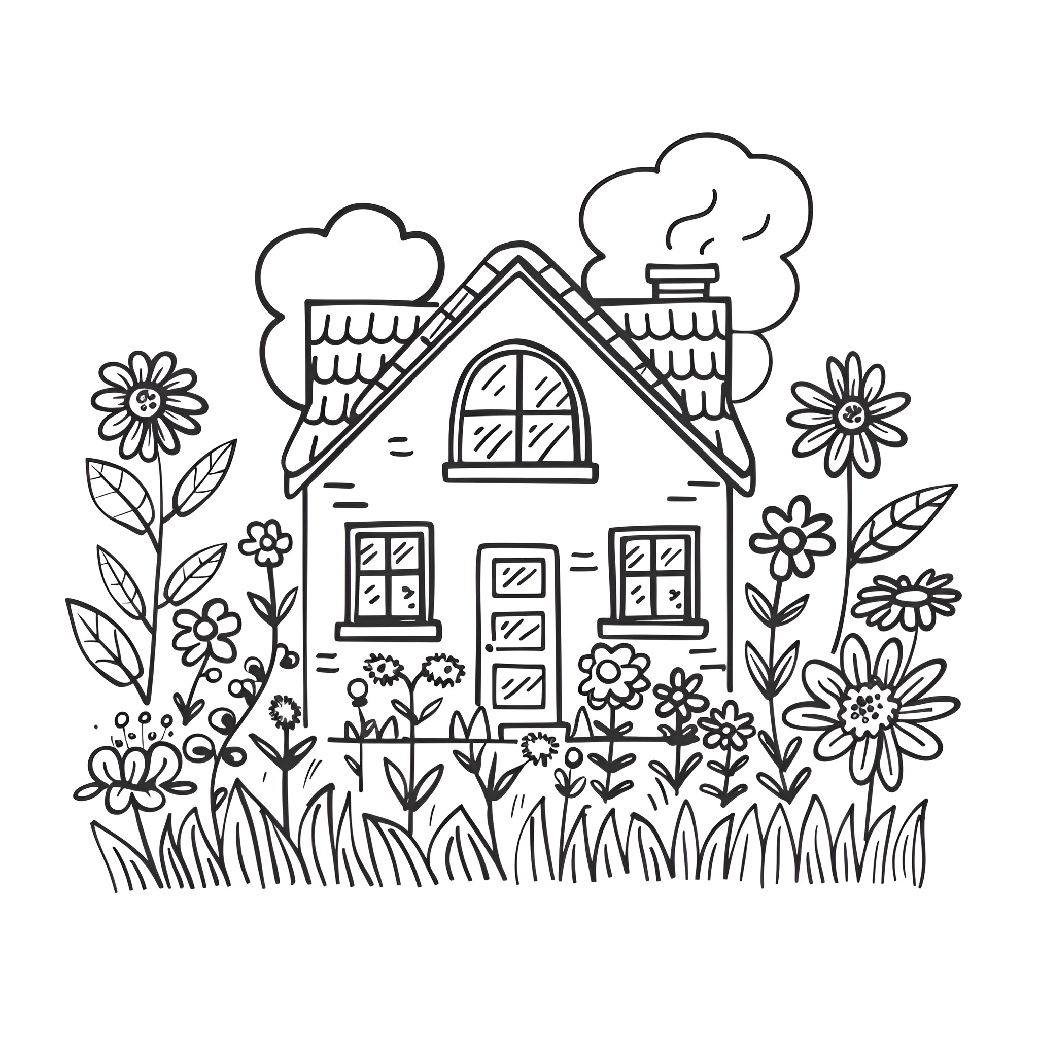 House with Floral Surroundings Drawing Idea (free black-and-white line drawing printable PDF for all, from beginners to advanced learners, including children, teens, adults, and seniors)