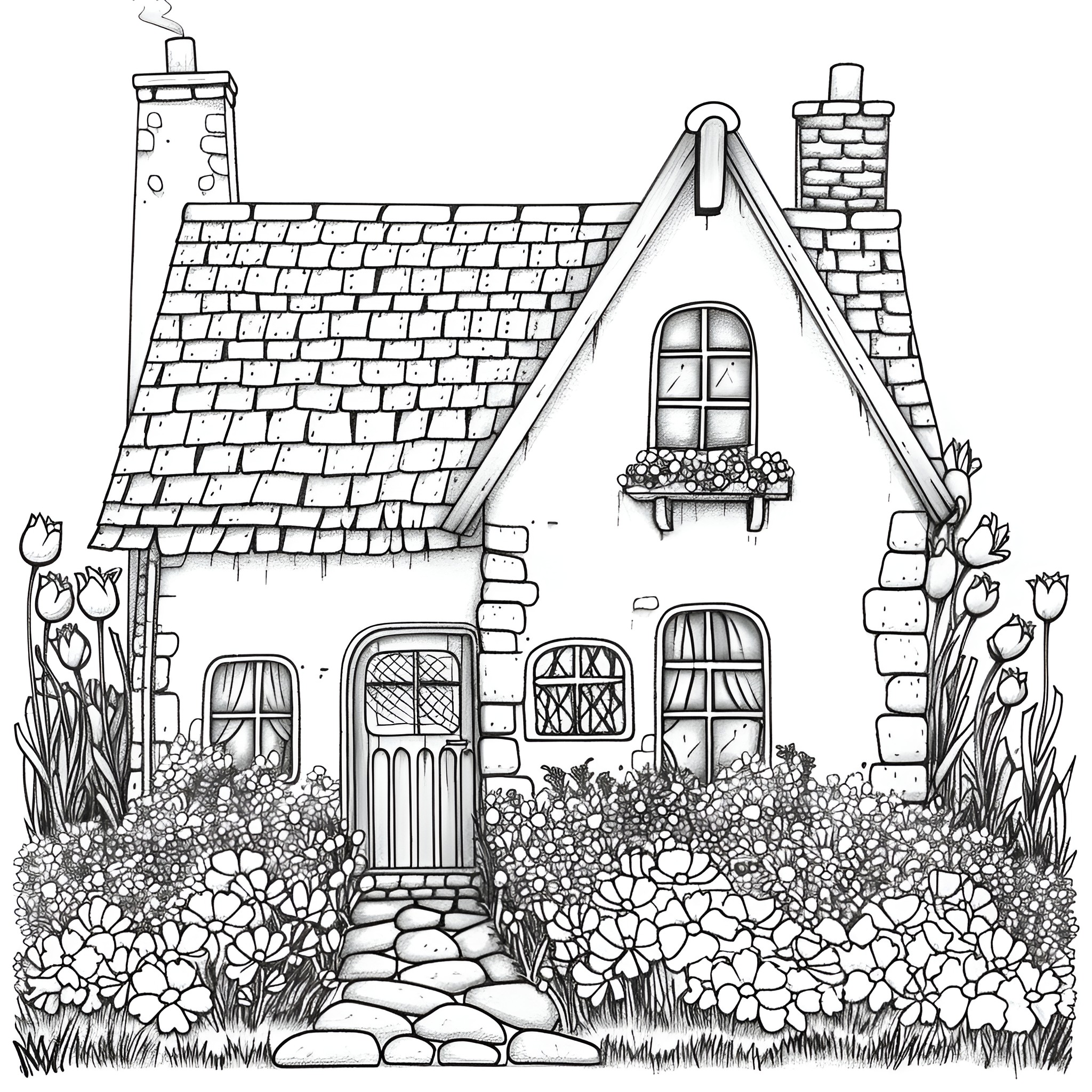 House with Quaint Exterior and Floral Details Drawing Idea (free black-and-white line drawing printable PDF for all, from beginners to advanced learners, including children, teens, adults, and seniors)