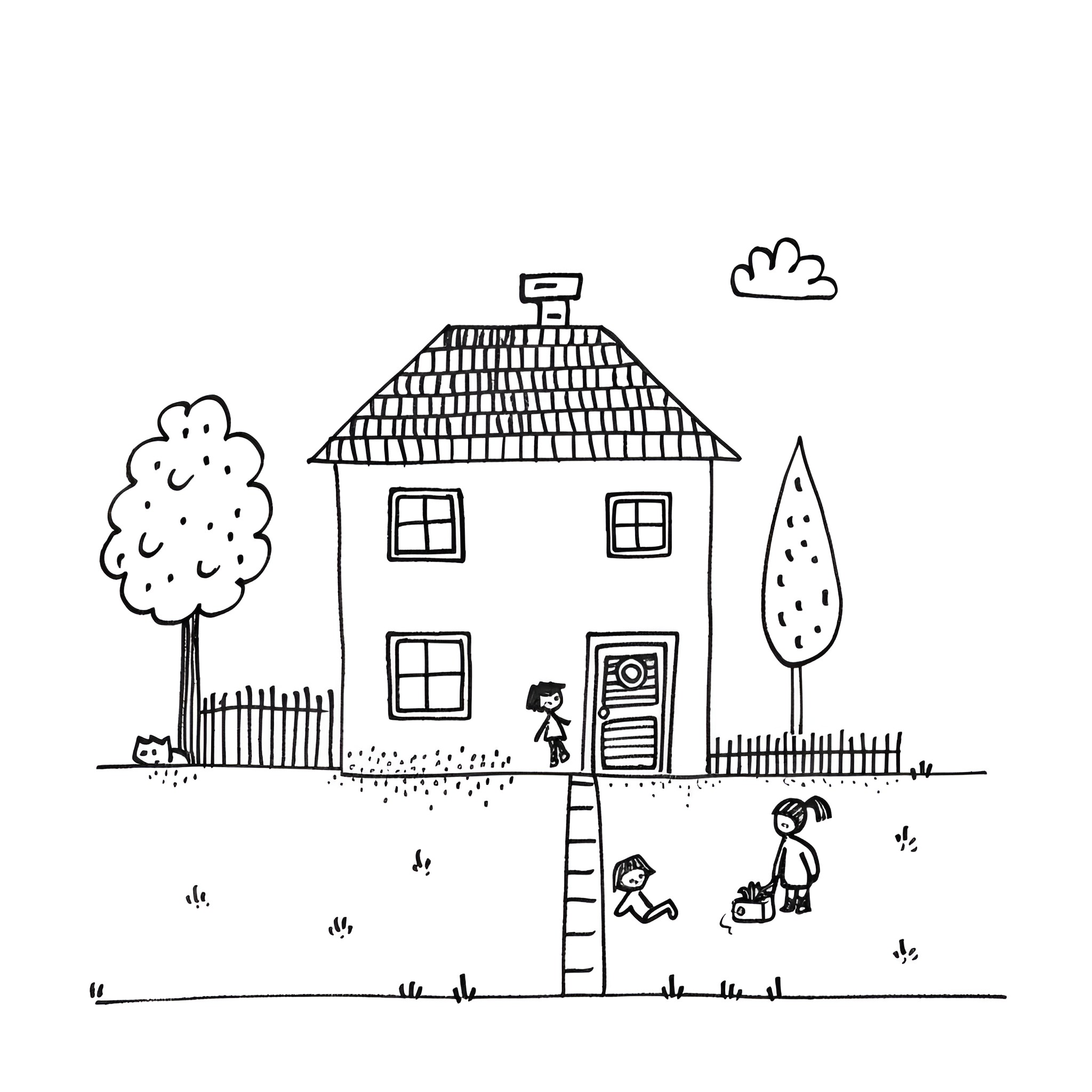 House with children playing outdoors Drawing Idea (free black-and-white line drawing printable PDF for all, from beginners to advanced learners, including children, teens, adults, and seniors)