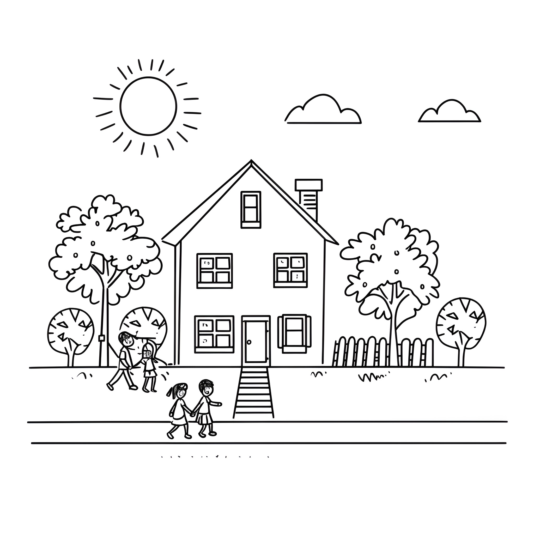 House with people walking outside Drawing Idea (free black-and-white line drawing printable PDF for all, from beginners to advanced learners, including children, teens, adults, and seniors)