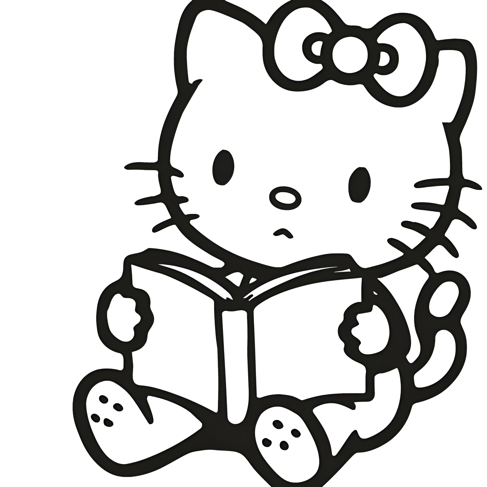 Hello Kitty reading a book Drawing Idea (free black-and-white line drawing printable PDF for all, from beginners to advanced learners, including children, teens, adults, and seniors)