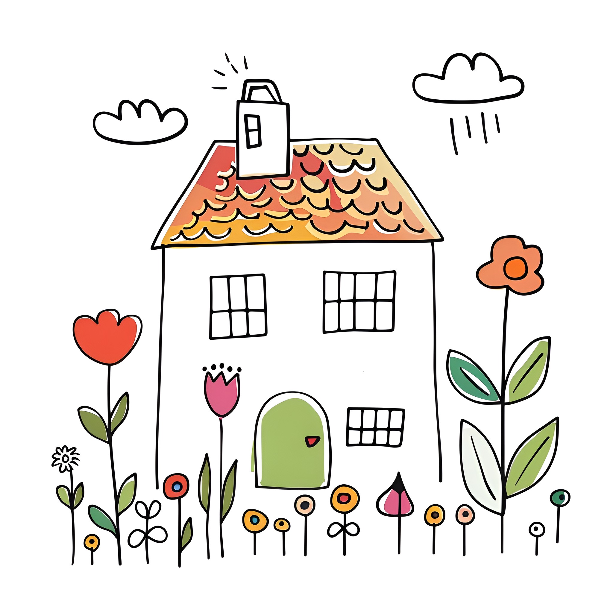 House with whimsical flowers and clouds Drawing Idea (free black-and-white line drawing printable PDF for all, from beginners to advanced learners, including children, teens, adults, and seniors)