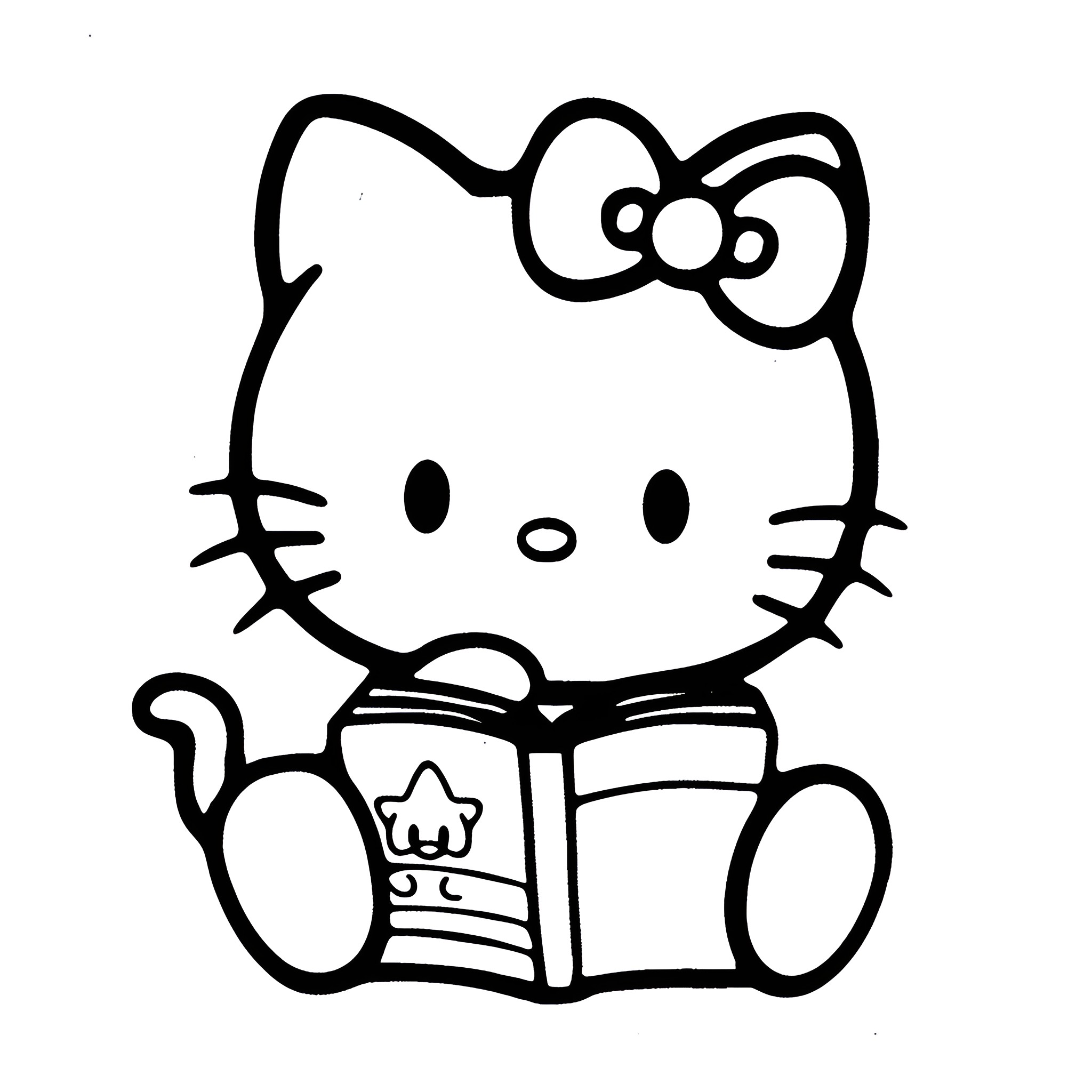 Hello Kitty reading a book Drawing Idea (free black-and-white line drawing printable PDF for all, from beginners to advanced learners, including children, teens, adults, and seniors)