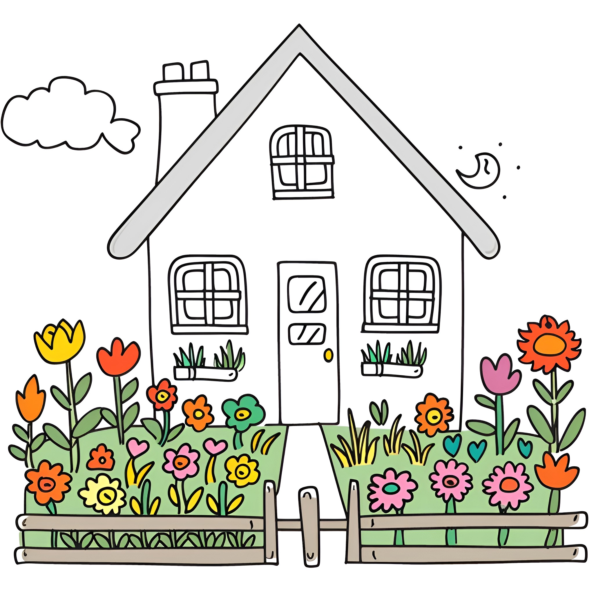 House with blooming garden Drawing Idea (free black-and-white line drawing printable PDF for all, from beginners to advanced learners, including children, teens, adults, and seniors)