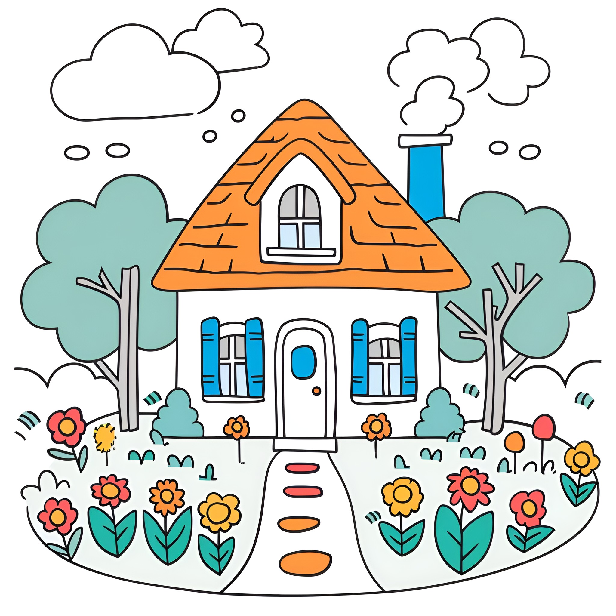 House with Blooming Flowers and Cloudy Skies Drawing Idea (free black-and-white line drawing printable PDF for all, from beginners to advanced learners, including children, teens, adults, and seniors)