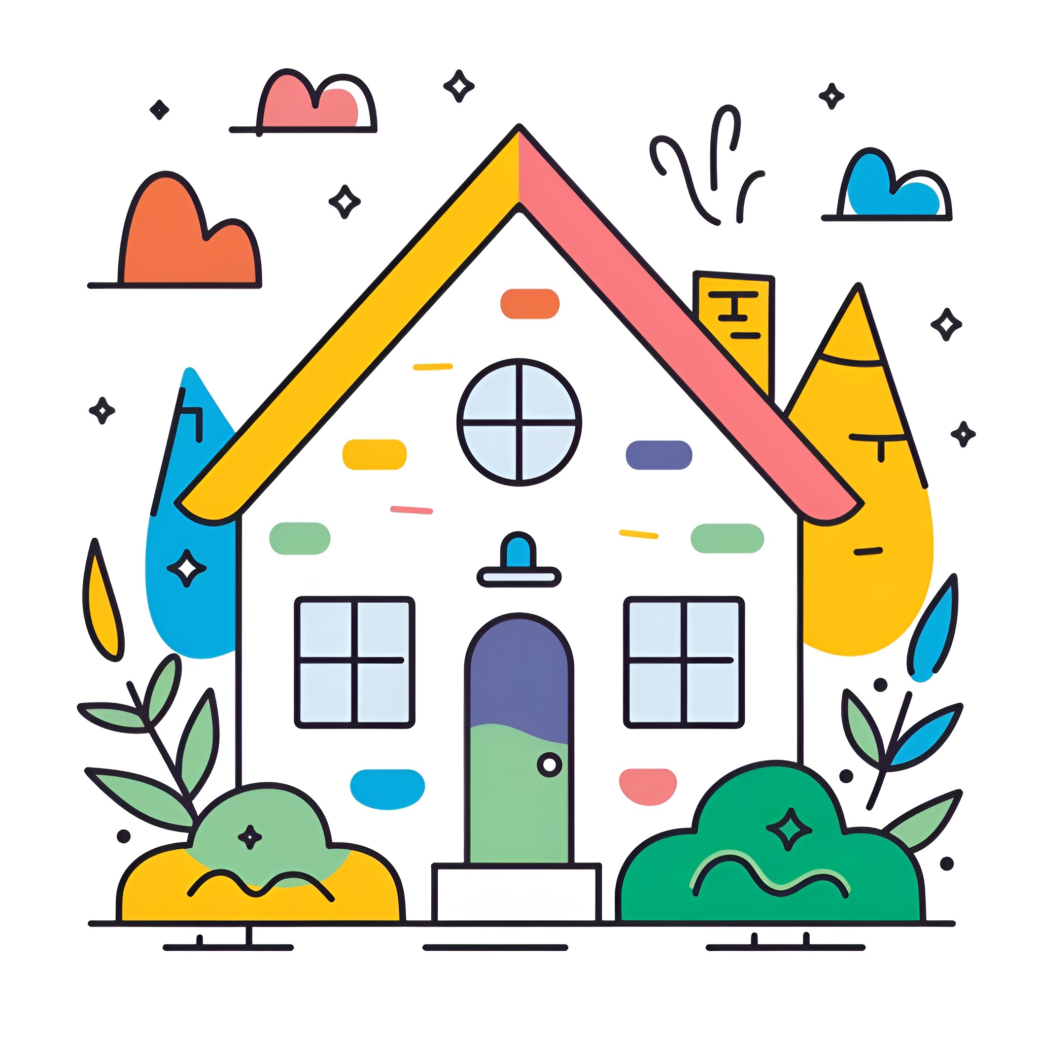 House with playful decor and whimsical elements Drawing Idea (free black-and-white line drawing printable PDF for all, from beginners to advanced learners, including children, teens, adults, and seniors)