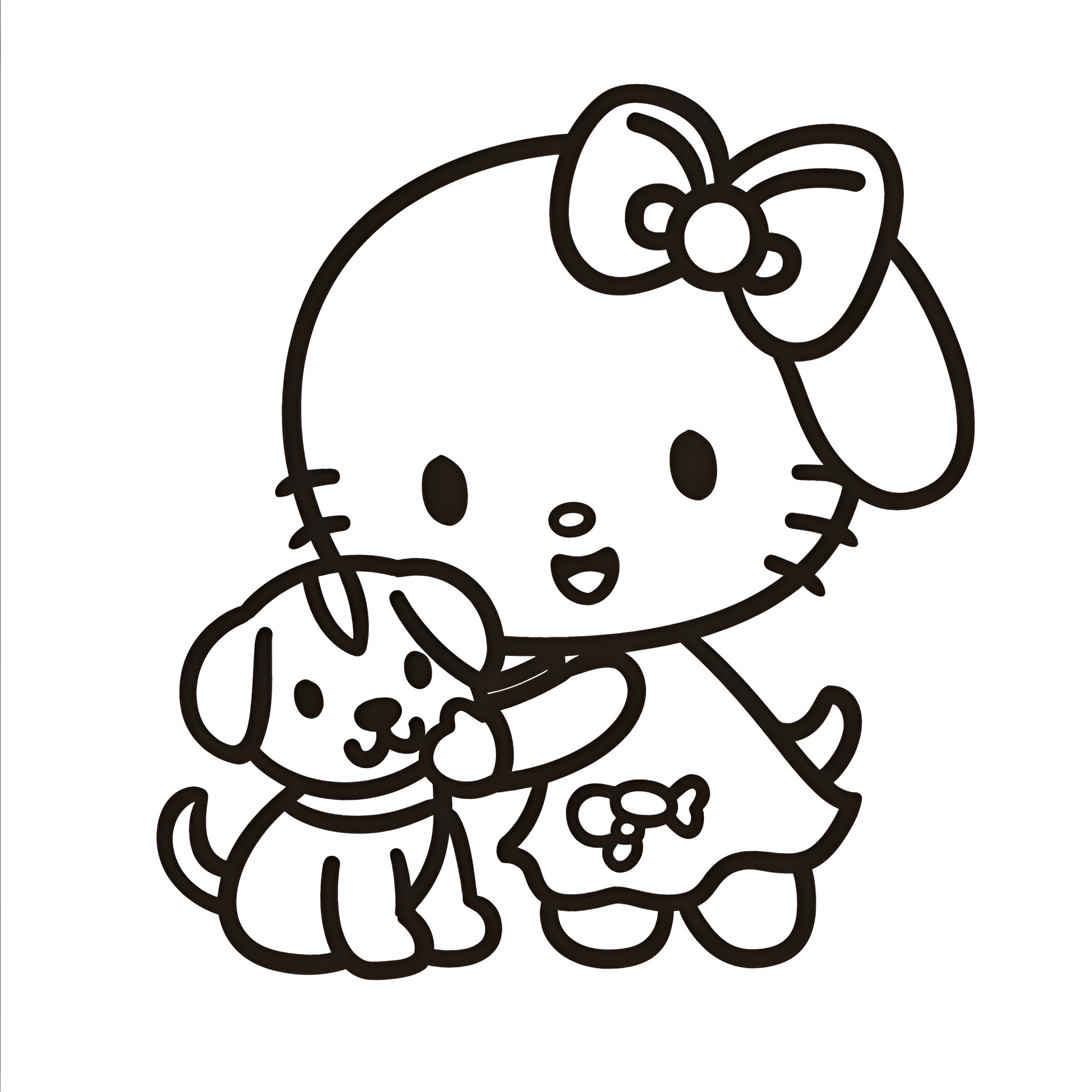 Hello Kitty playing with puppy Drawing Idea (free black-and-white line drawing printable PDF for all, from beginners to advanced learners, including children, teens, adults, and seniors)