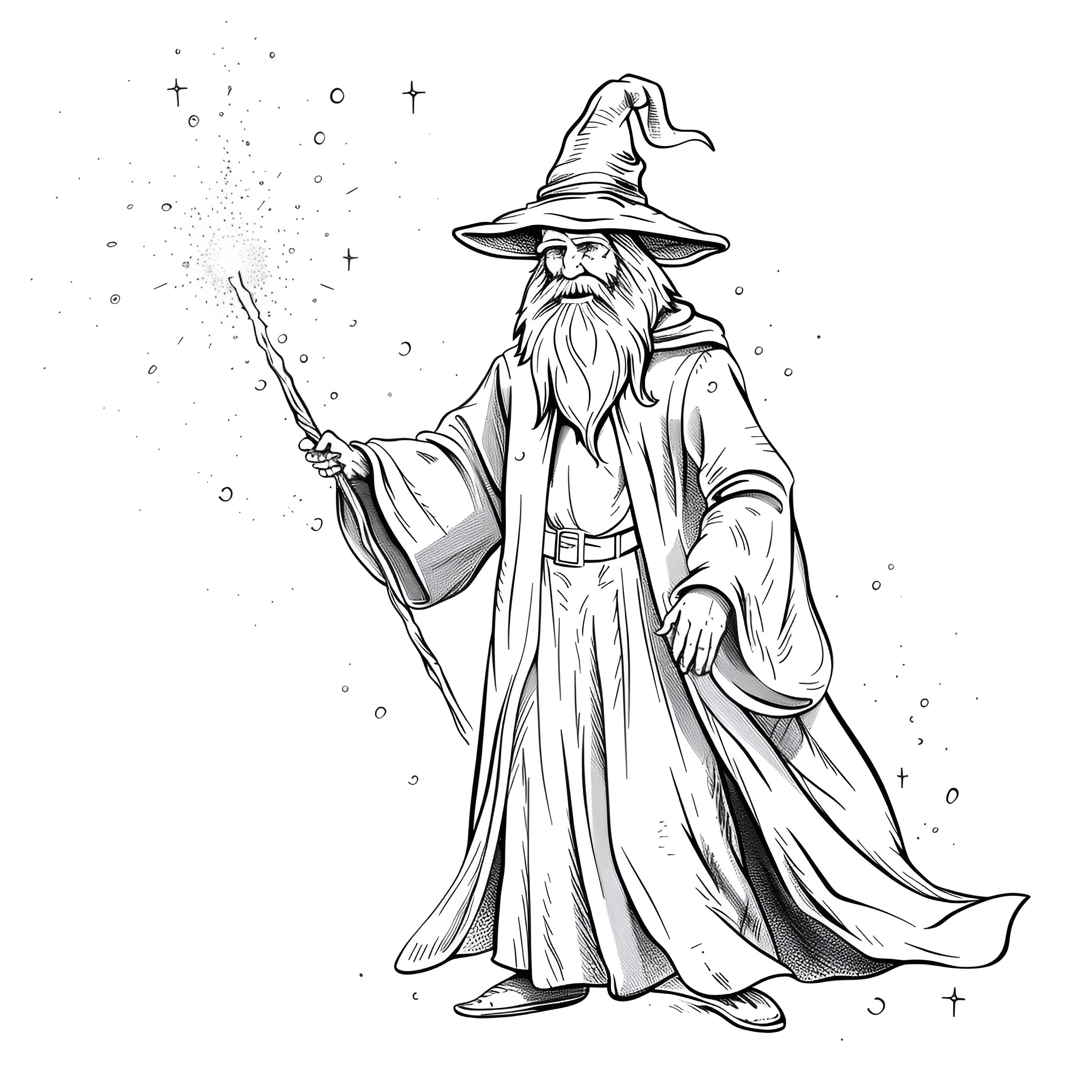 Fantasy wizard casting a spell Drawing Idea (free black-and-white line drawing printable PDF for all, from beginners to advanced learners, including children, teens, adults, and seniors)