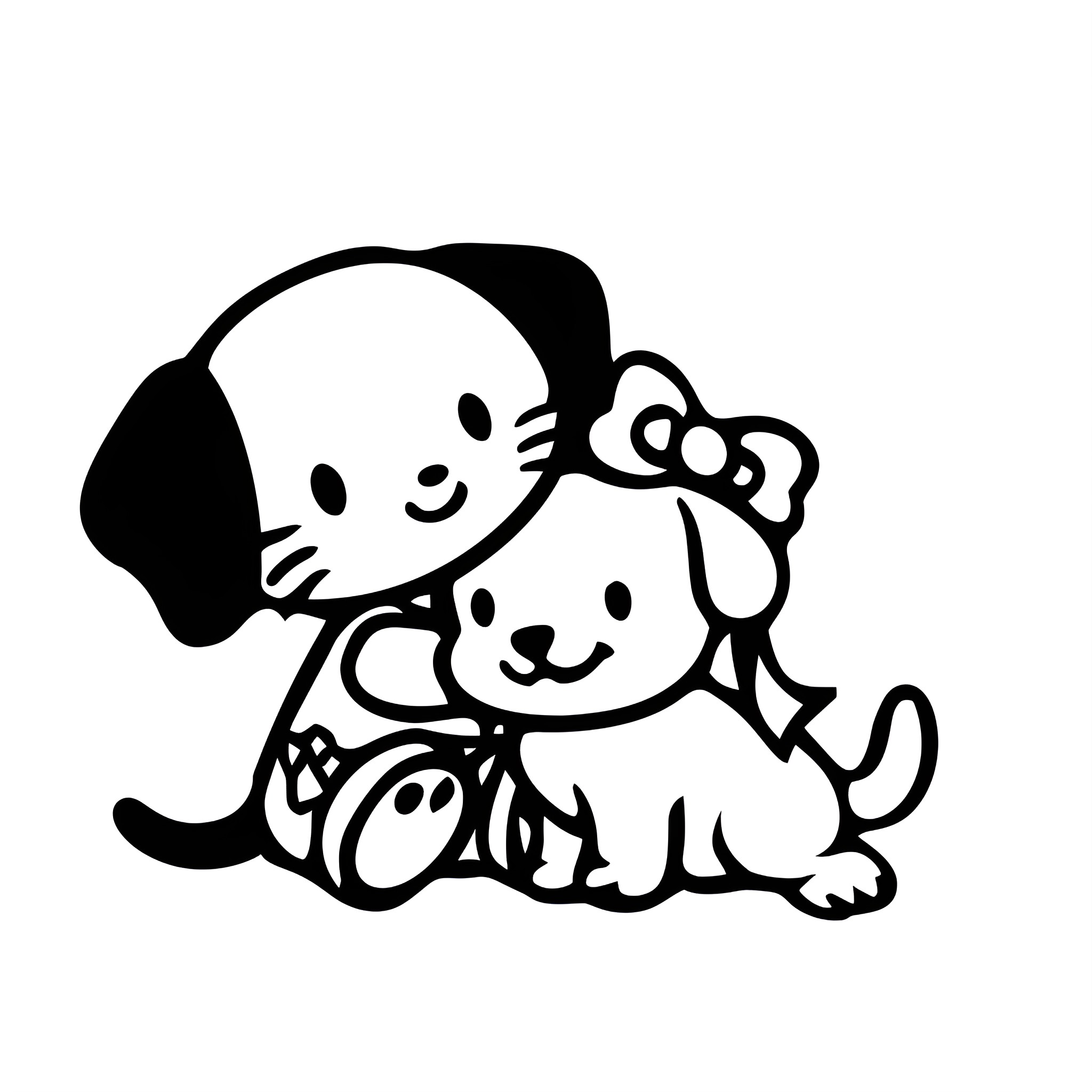 Hello Kitty and puppy cuddles Drawing Idea (free black-and-white line drawing printable PDF for all, from beginners to advanced learners, including children, teens, adults, and seniors)
