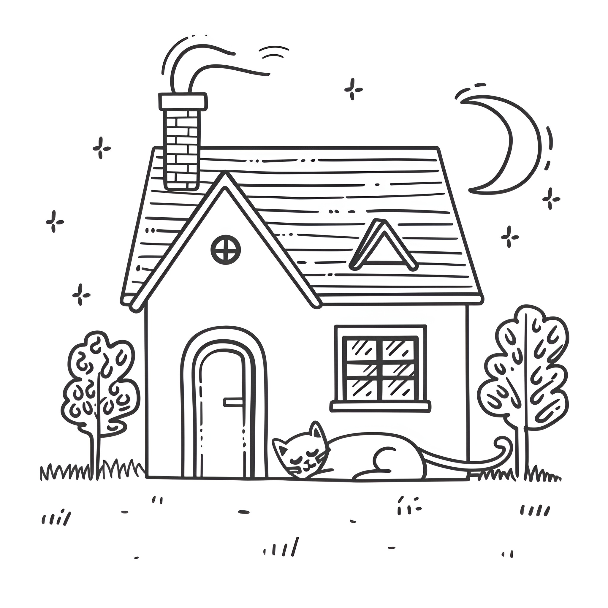 House with cat and nighttime scenery Drawing Idea (free black-and-white line drawing printable PDF for all, from beginners to advanced learners, including children, teens, adults, and seniors)