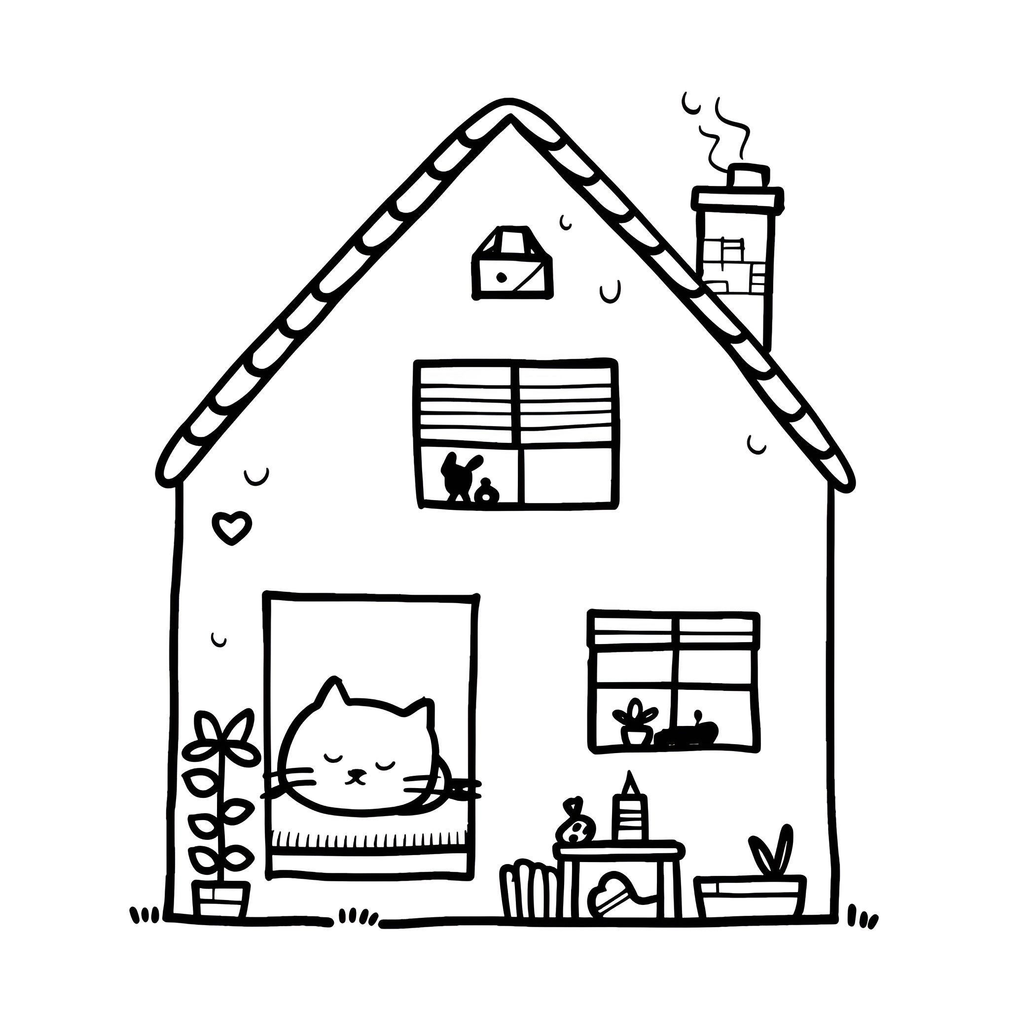 House with Cozy Interiors and Feline Companion Drawing Idea (free black-and-white line drawing printable PDF for all, from beginners to advanced learners, including children, teens, adults, and seniors)